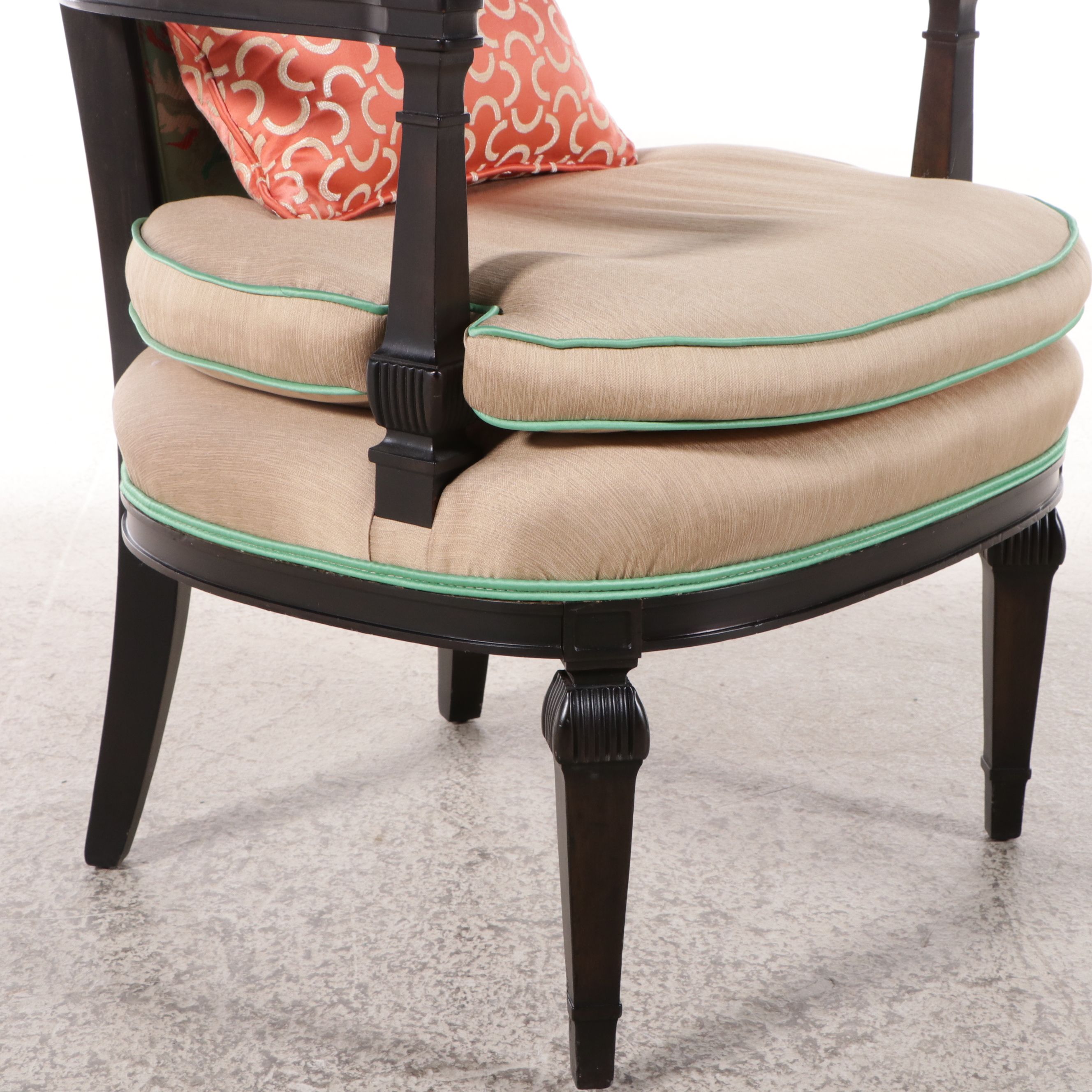 Louis XVI Style Mixed Upholstered Black Lacquered Wood High-Back Armchair