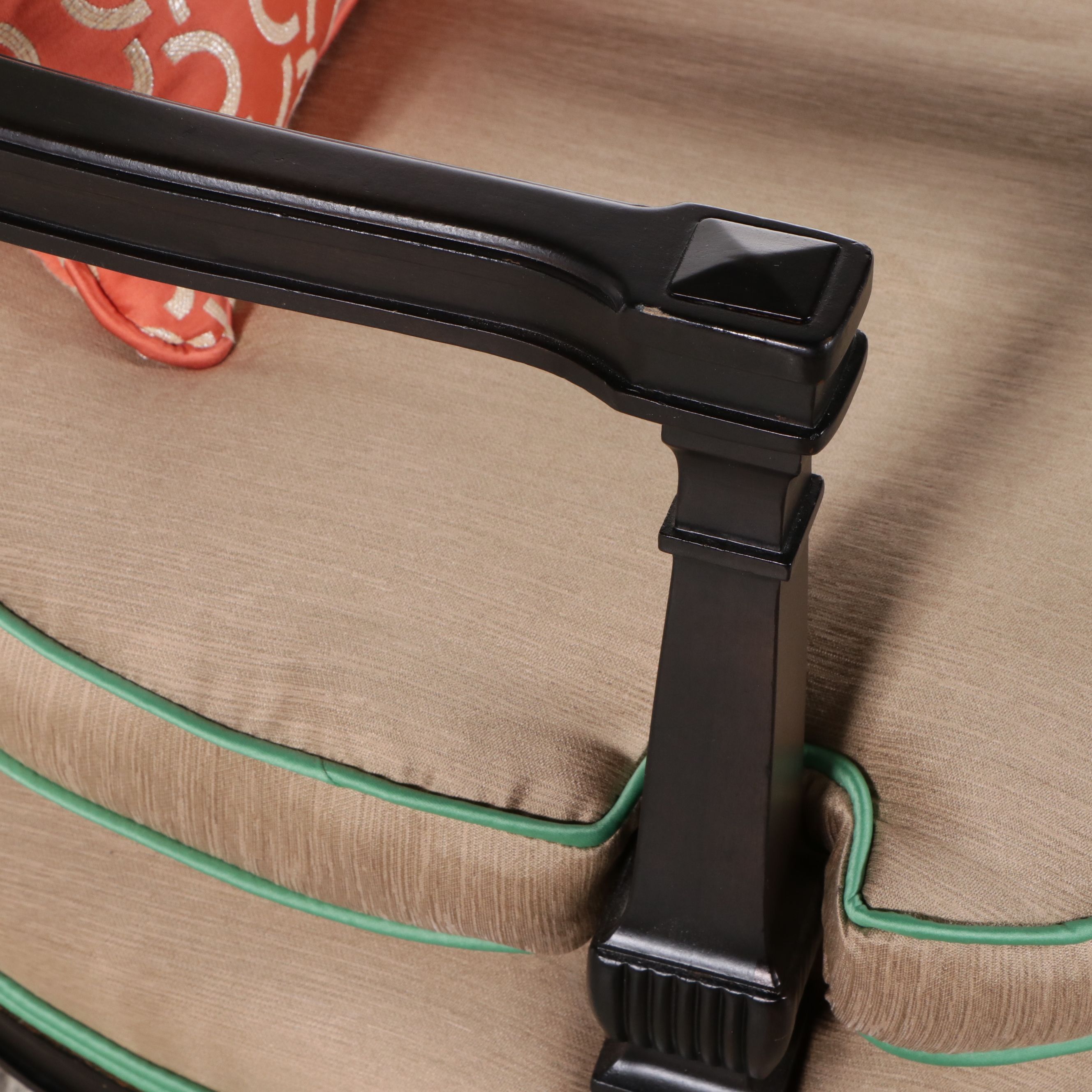 Louis XVI Style Mixed Upholstered Black Lacquered Wood High-Back Armchair