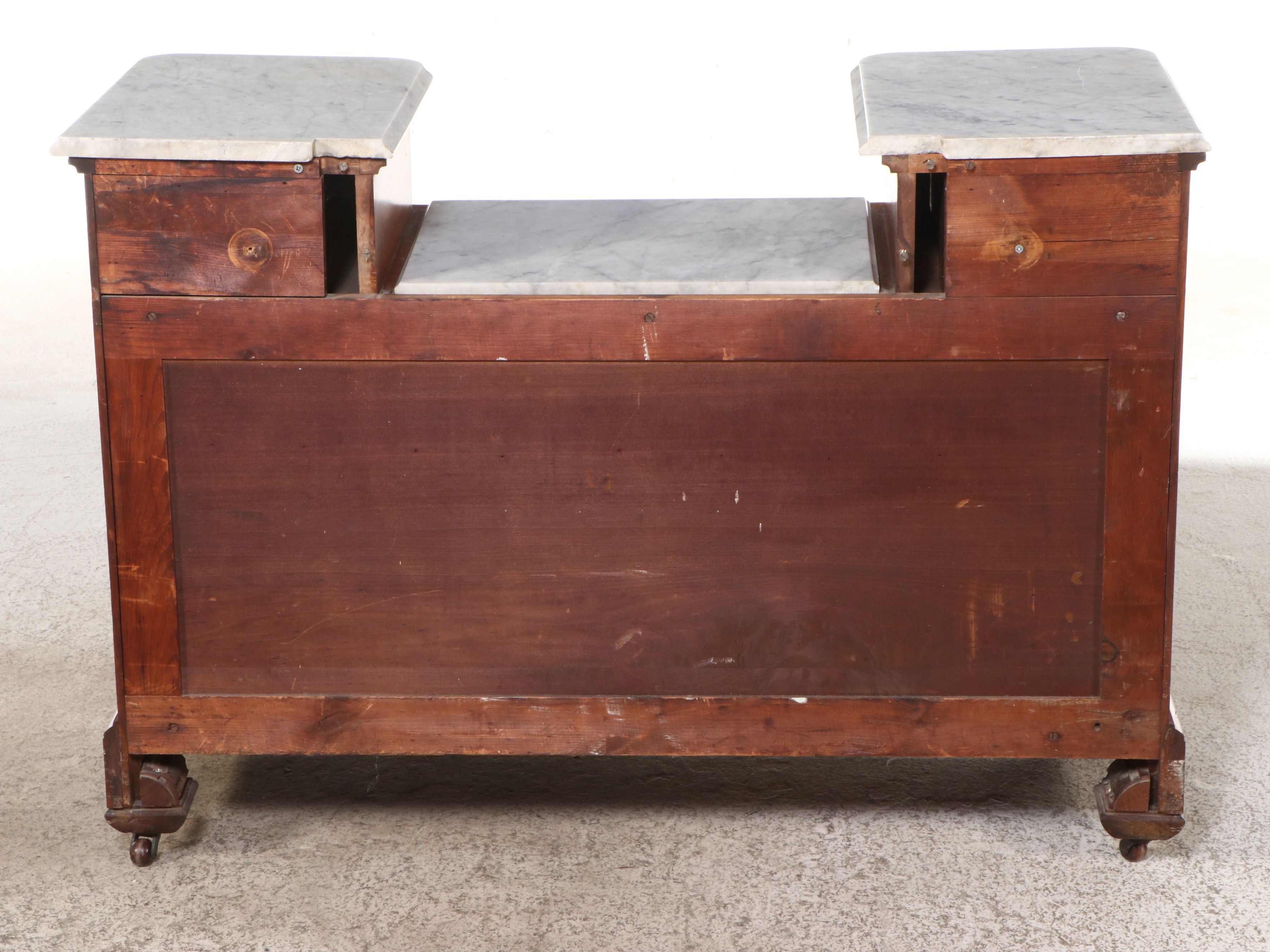 Victorian Marble Top Mahogany and Burl Wood Dresser with Mirror