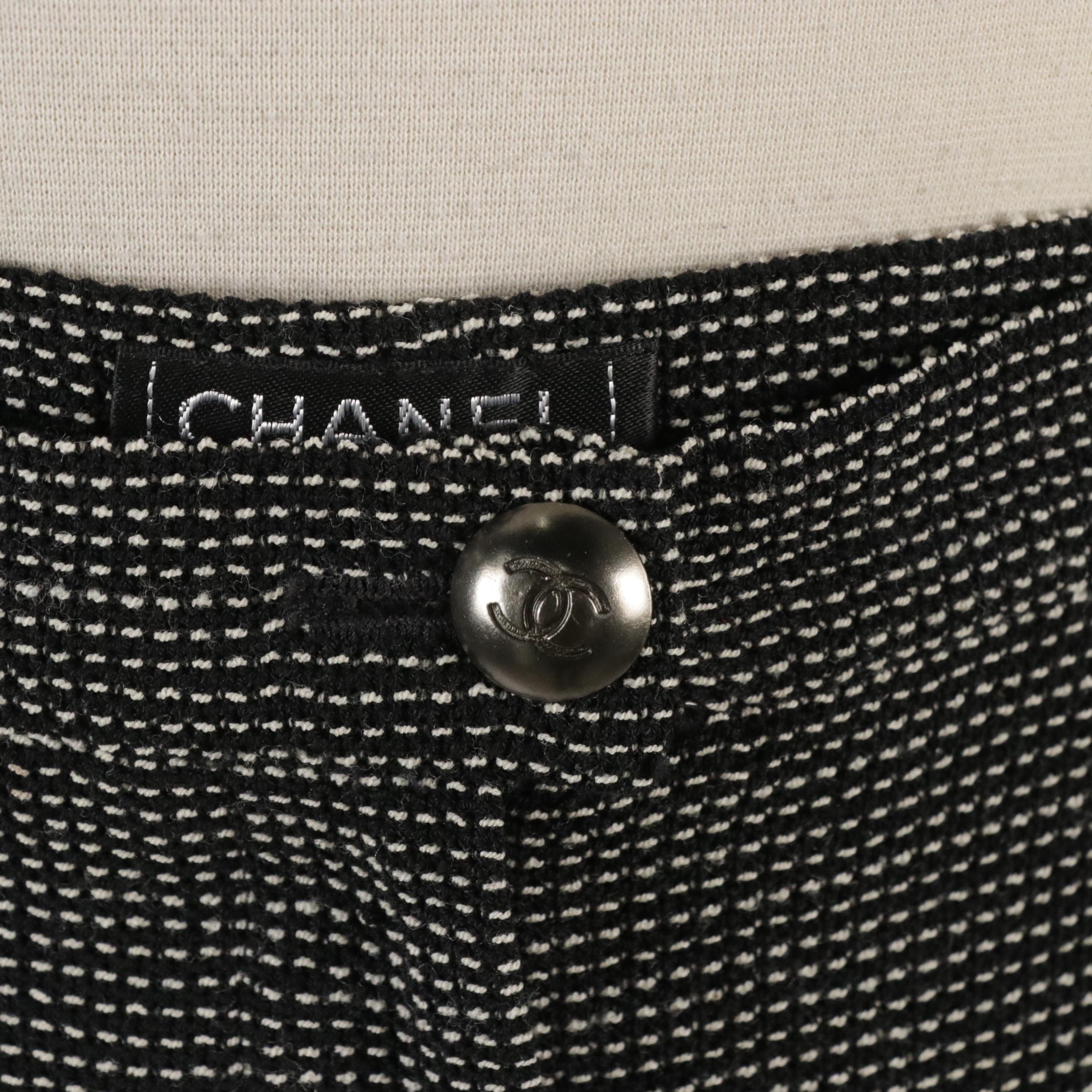 Chanel Boutique Silk Lined Black and White Wool Knit Wide Leg Trousers