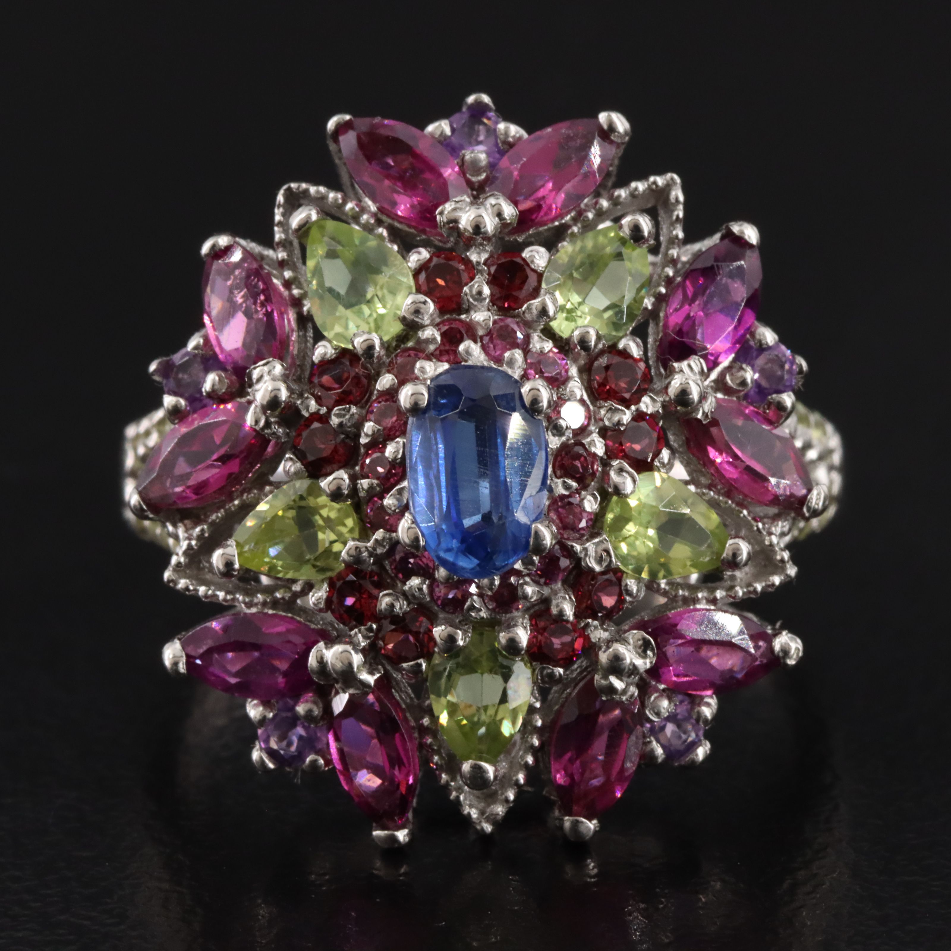 Sterling Kunzite, Peridot and Garnet Ring