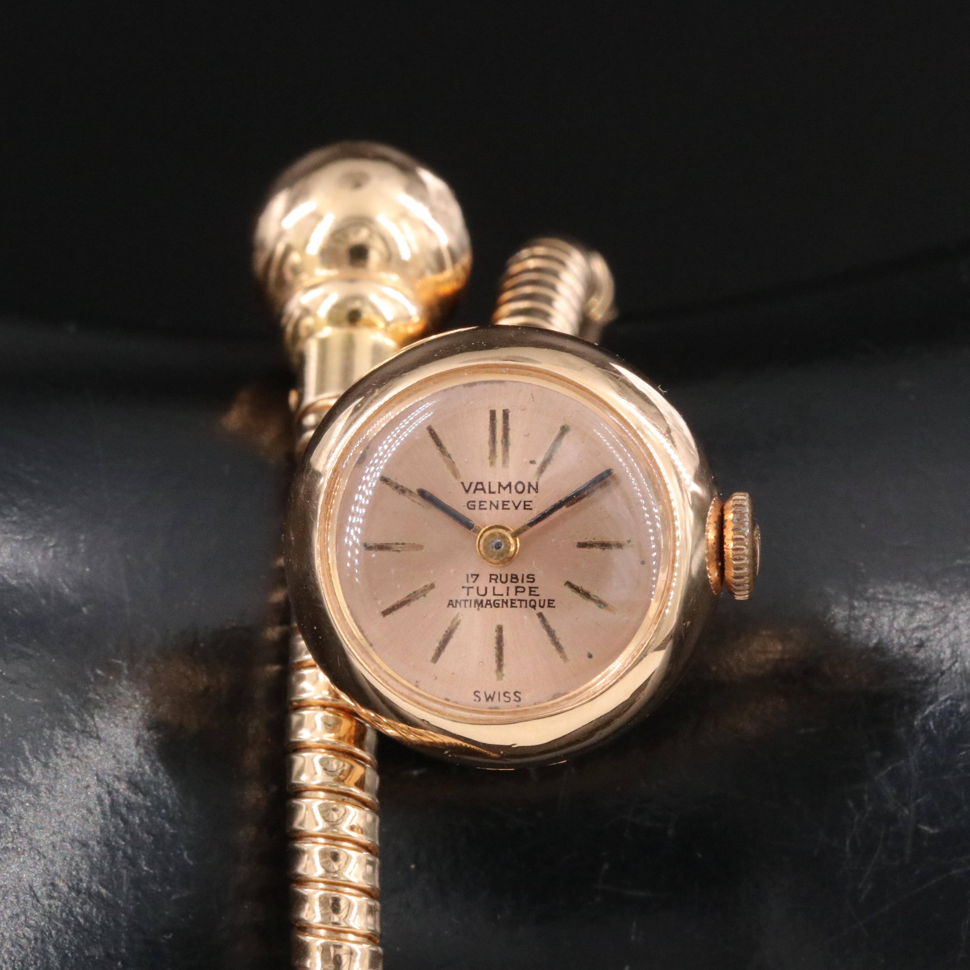 18K Valmon Swiss Tulipe Coil Bracelet Stem Wind Watch