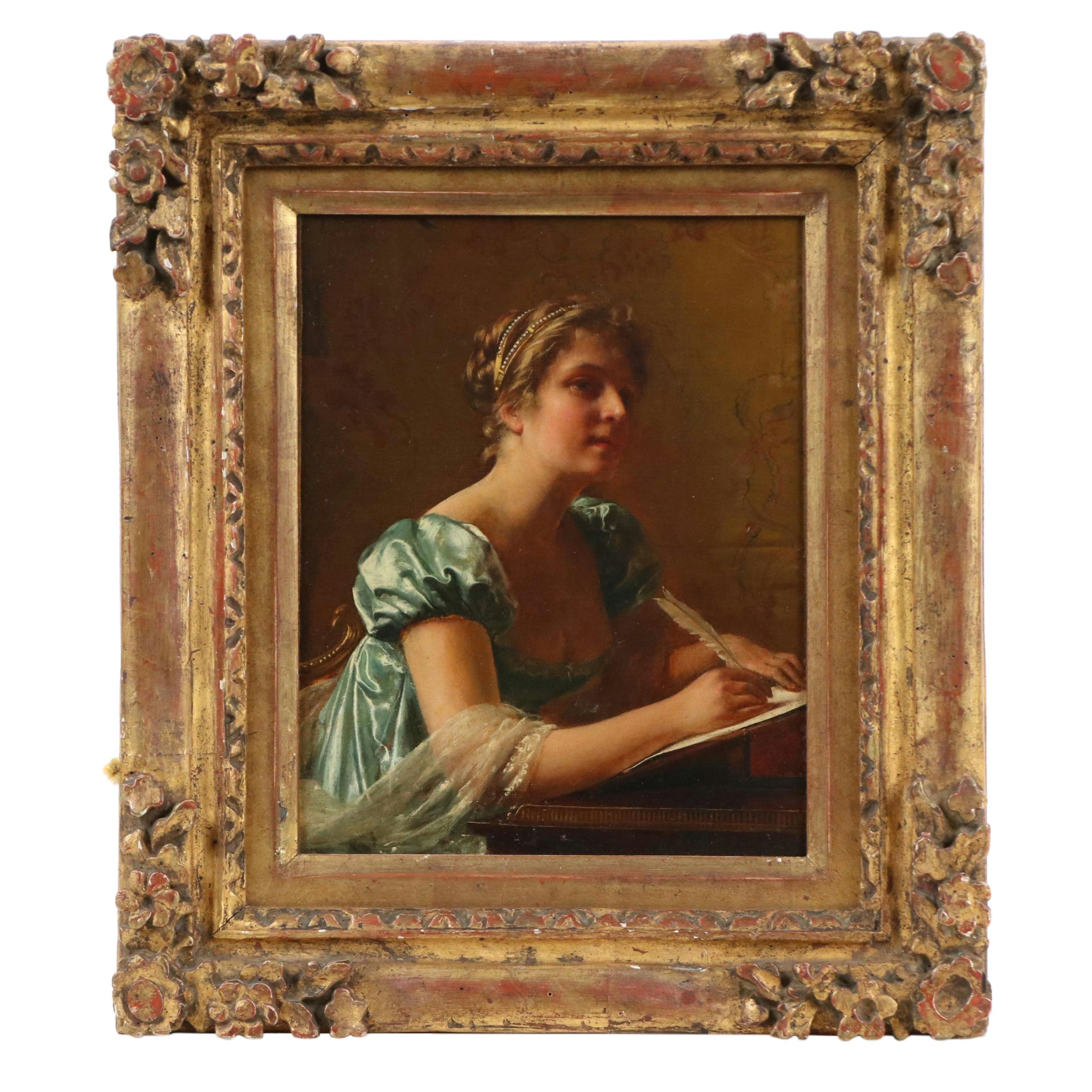 Frédéric Soulacroix Oil Painting of Young Woman Writing, Circa 1880s