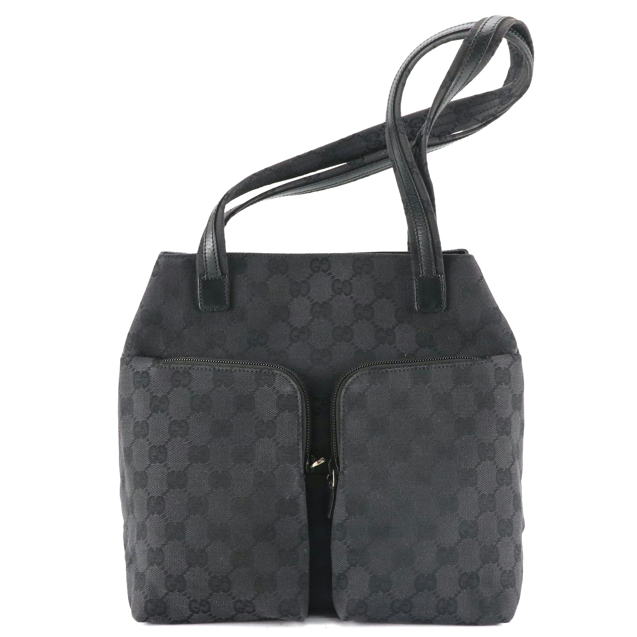 Gucci Black Nylon Jacquard and Leather Dual Pocket Shoulder Bag