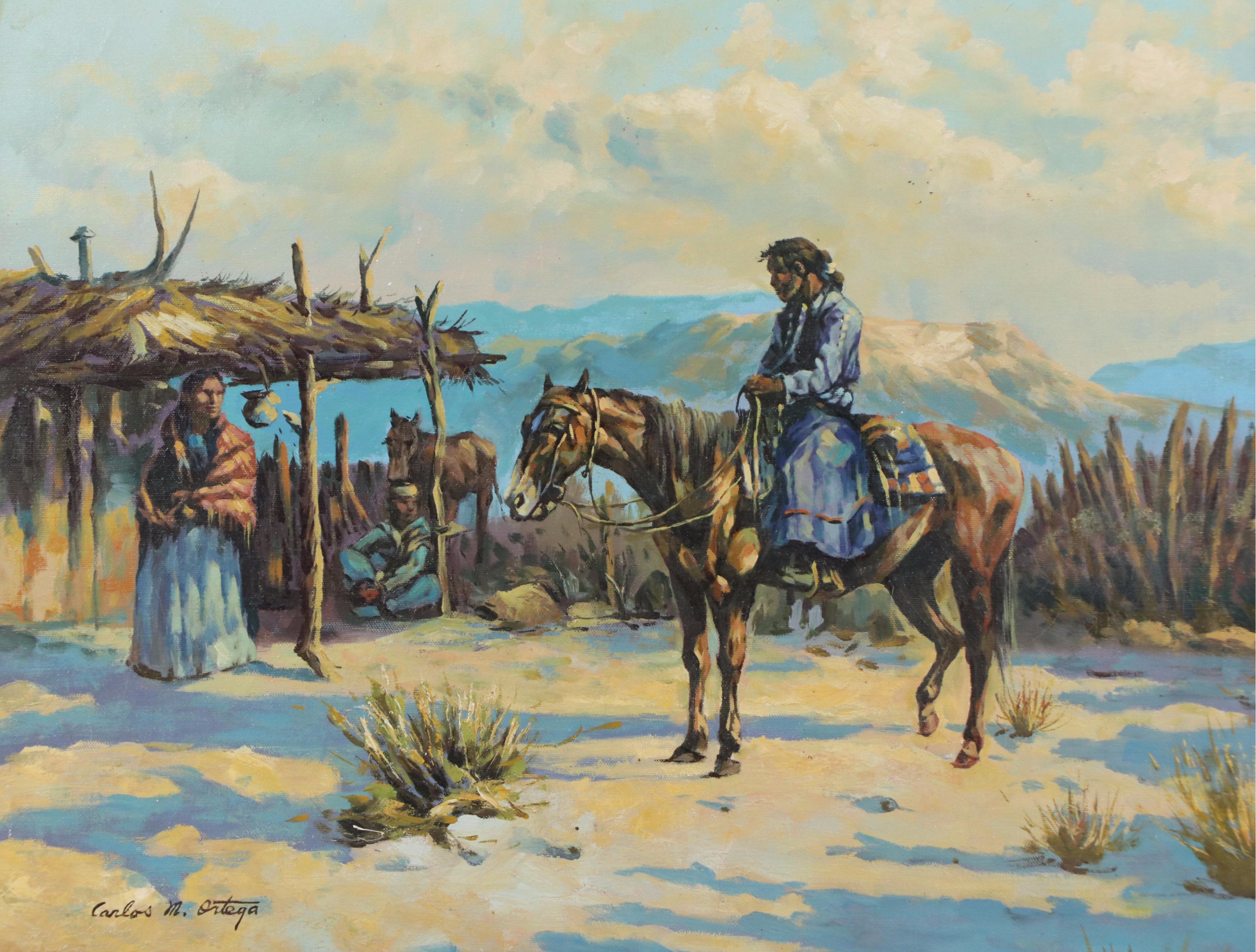 Carlos M. Ortega Oil Painting of Western Scene with Native Americans, 20th C.