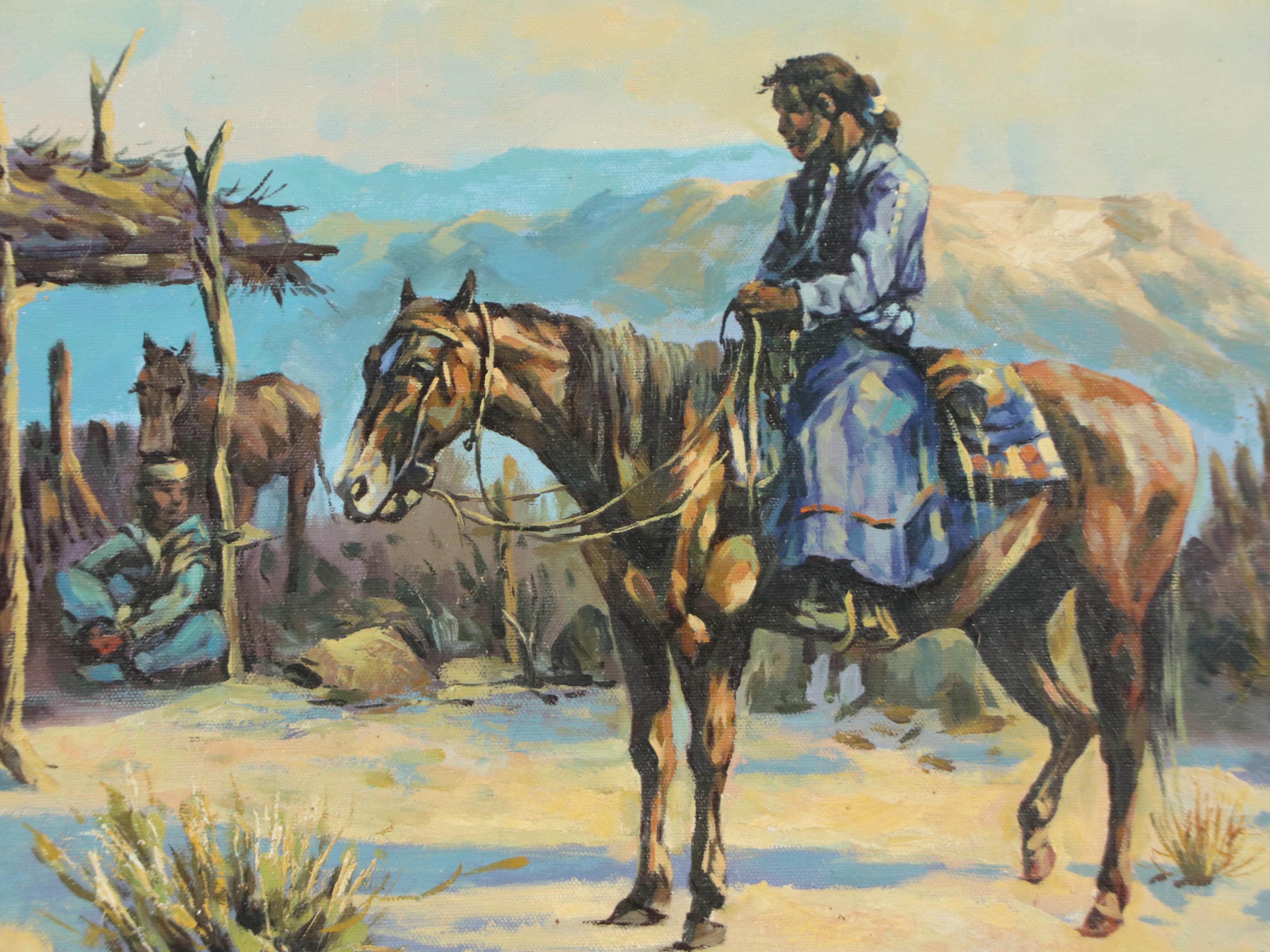 Carlos M. Ortega Oil Painting of Western Scene with Native Americans, 20th C.