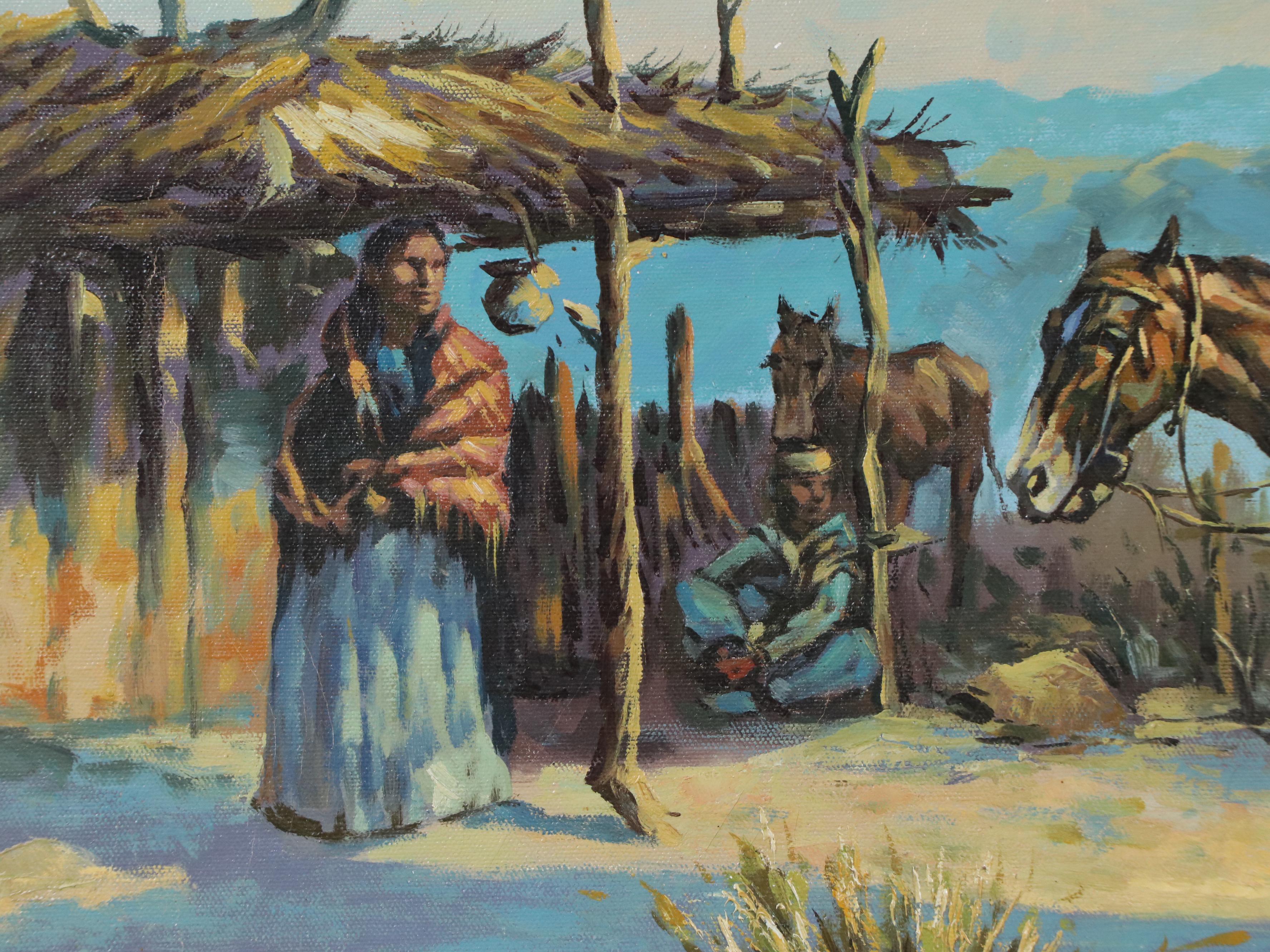 Carlos M. Ortega Oil Painting of Western Scene with Native Americans, 20th C.