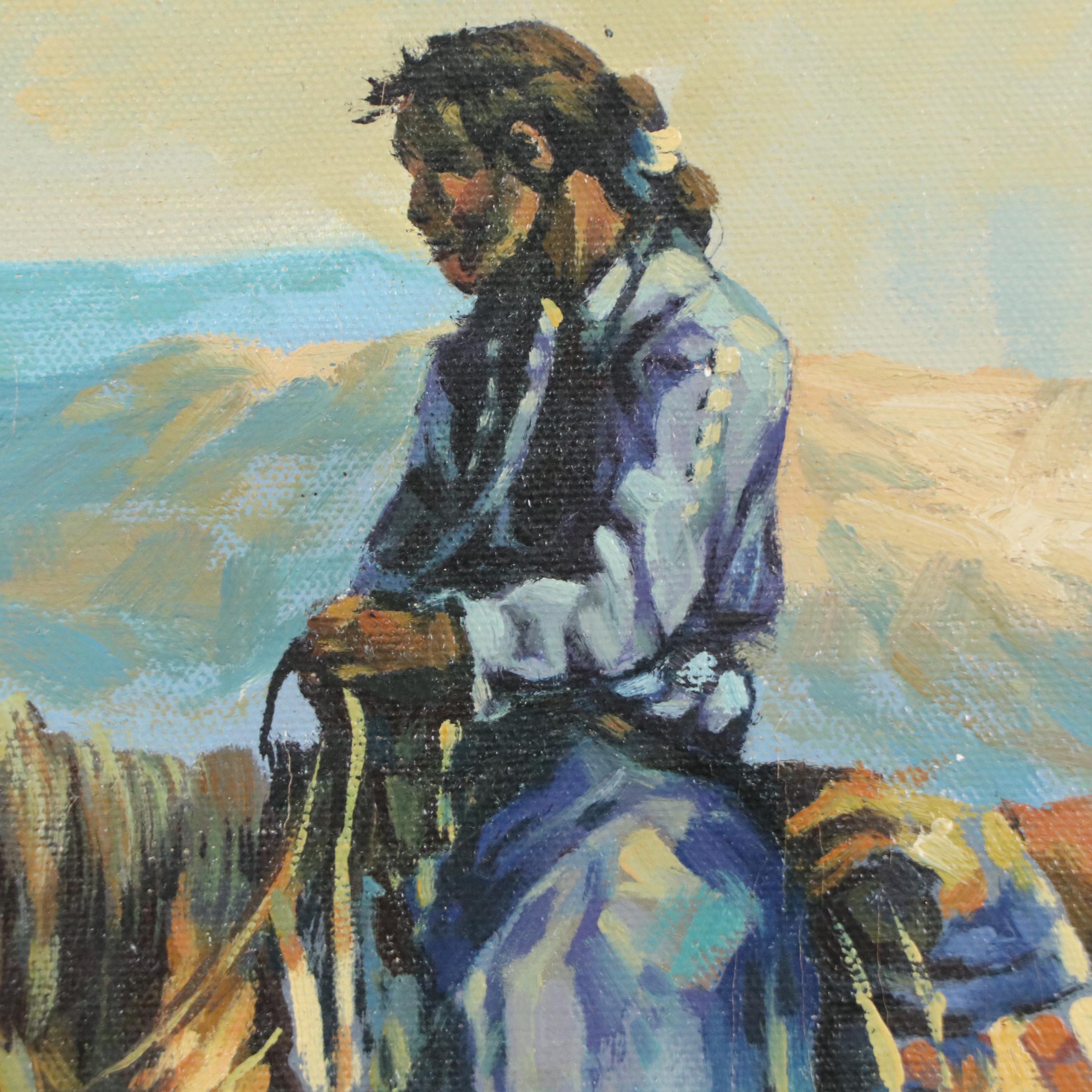 Carlos M. Ortega Oil Painting of Western Scene with Native Americans, 20th C.