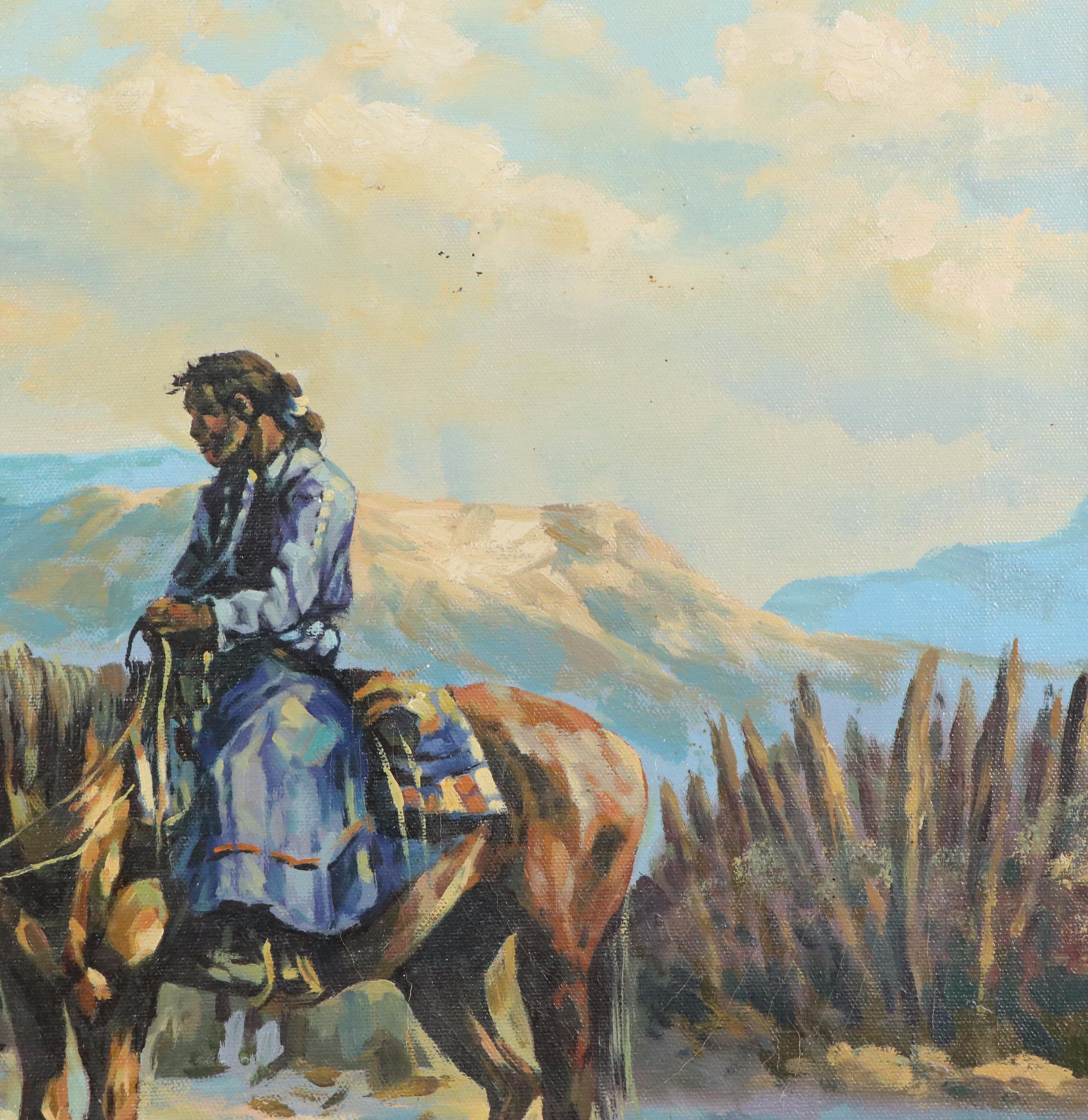 Carlos M. Ortega Oil Painting of Western Scene with Native Americans, 20th C.