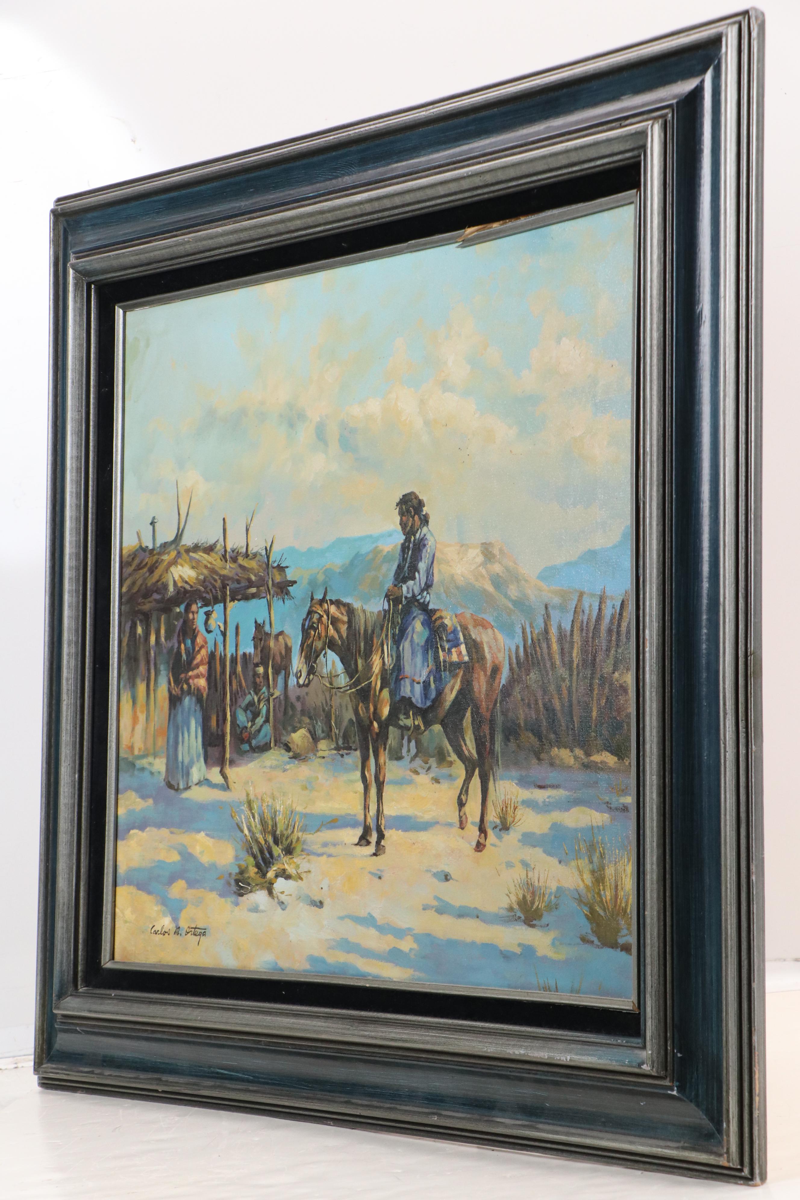 Carlos M. Ortega Oil Painting of Western Scene with Native Americans, 20th C.