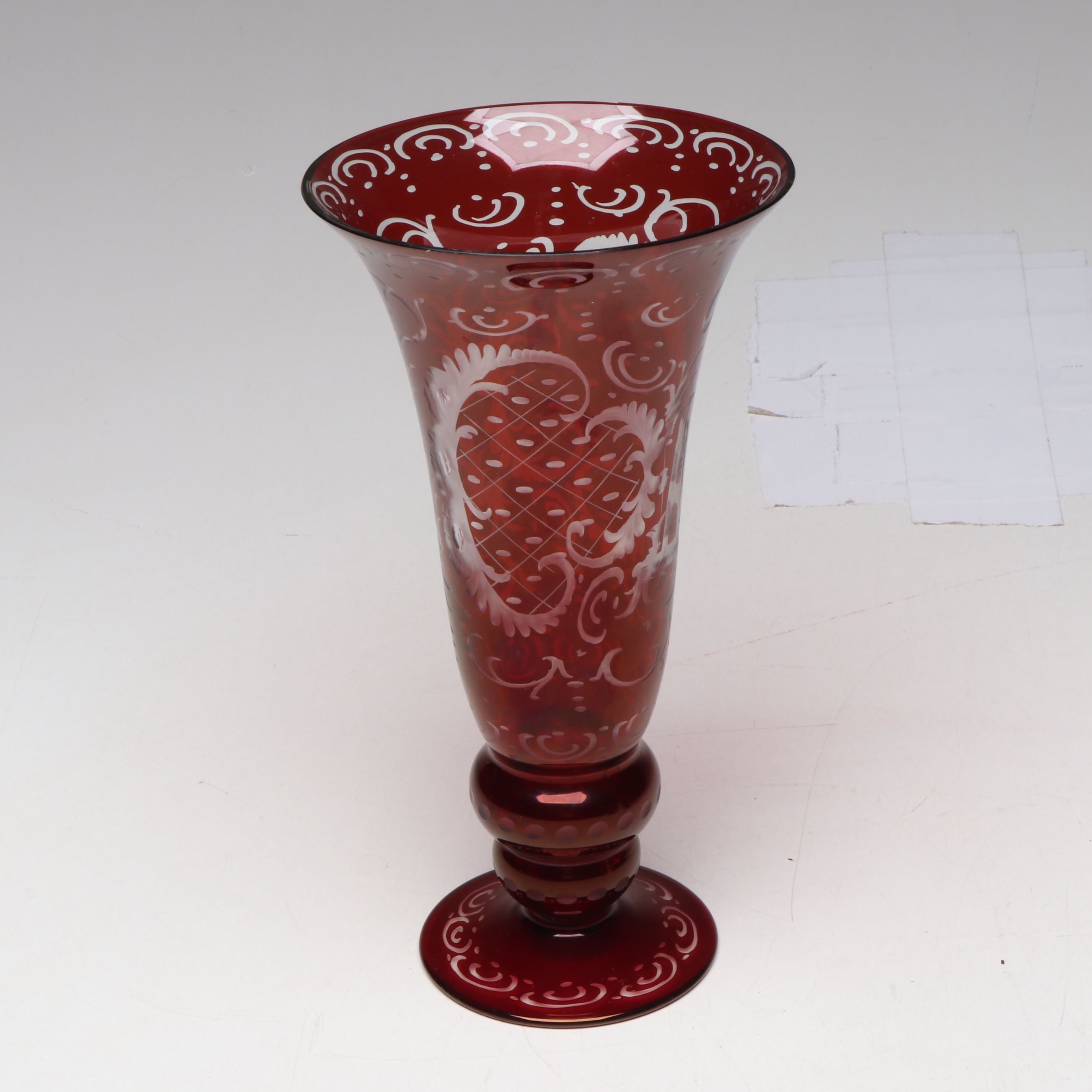Egermann Style German Cut to Clear Ruby Glass Trumpet Vases
