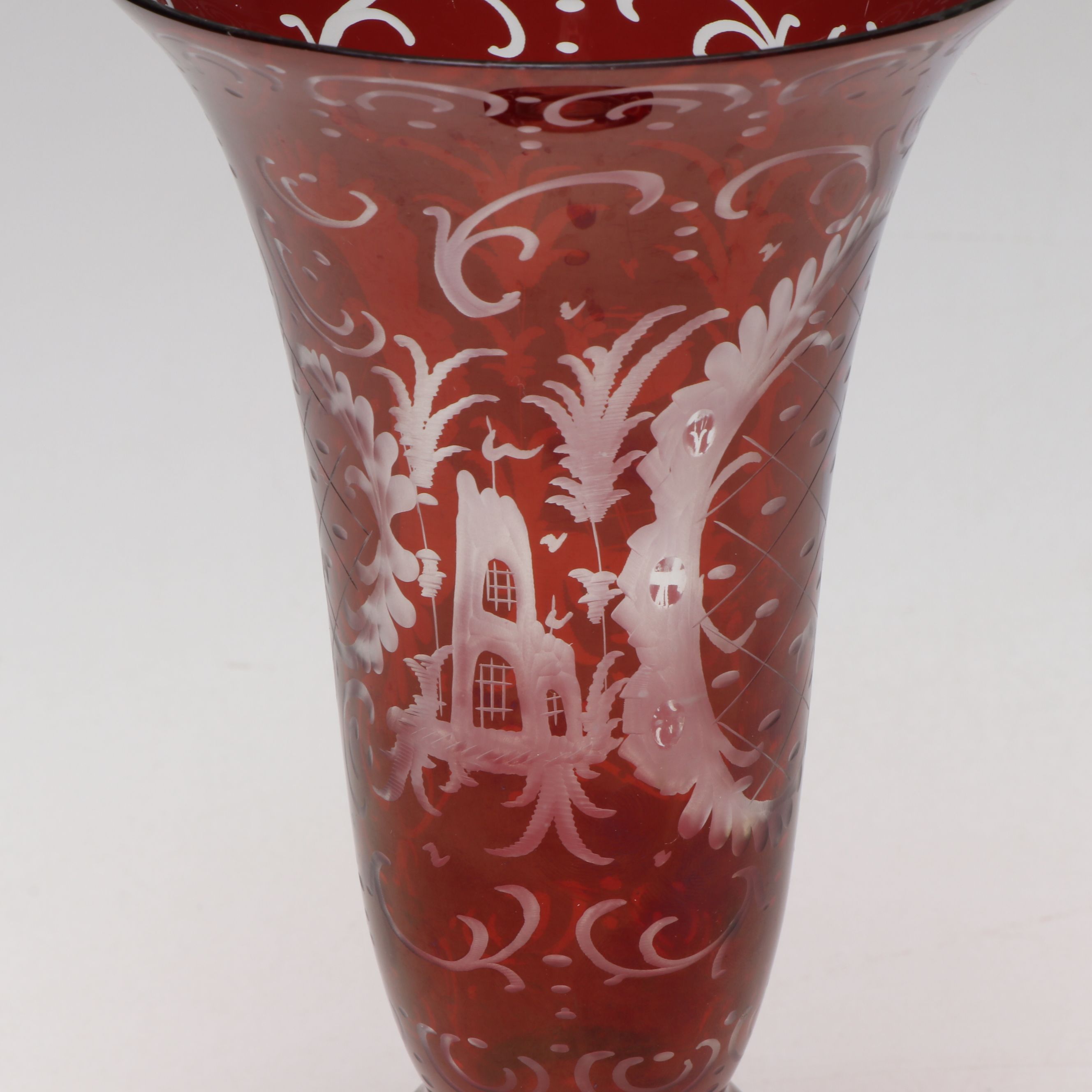 Egermann Style German Cut to Clear Ruby Glass Trumpet Vases