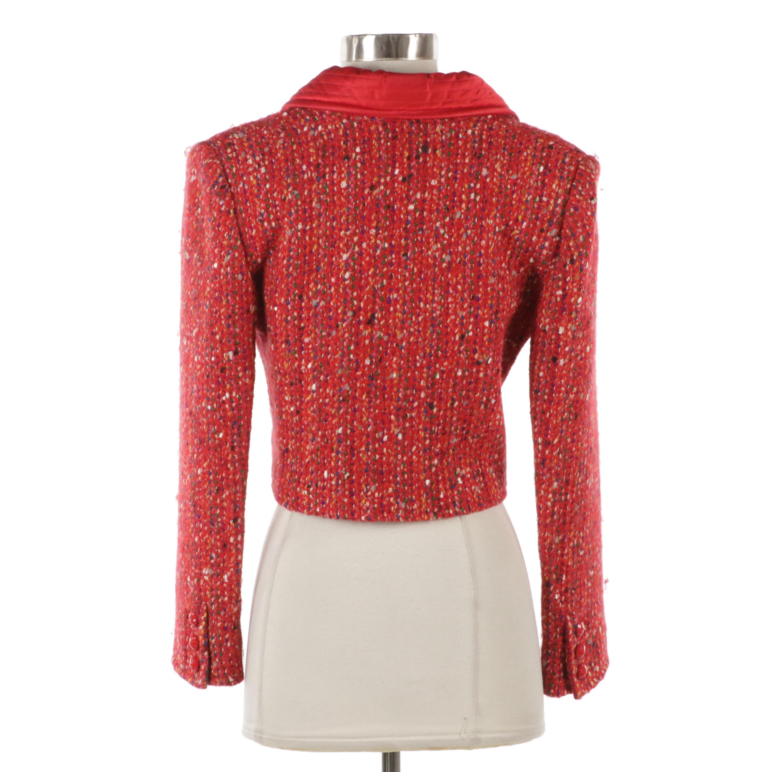 Vintage Valentino Boutique Red Tweed and Quilted Collar Cropped Blazer