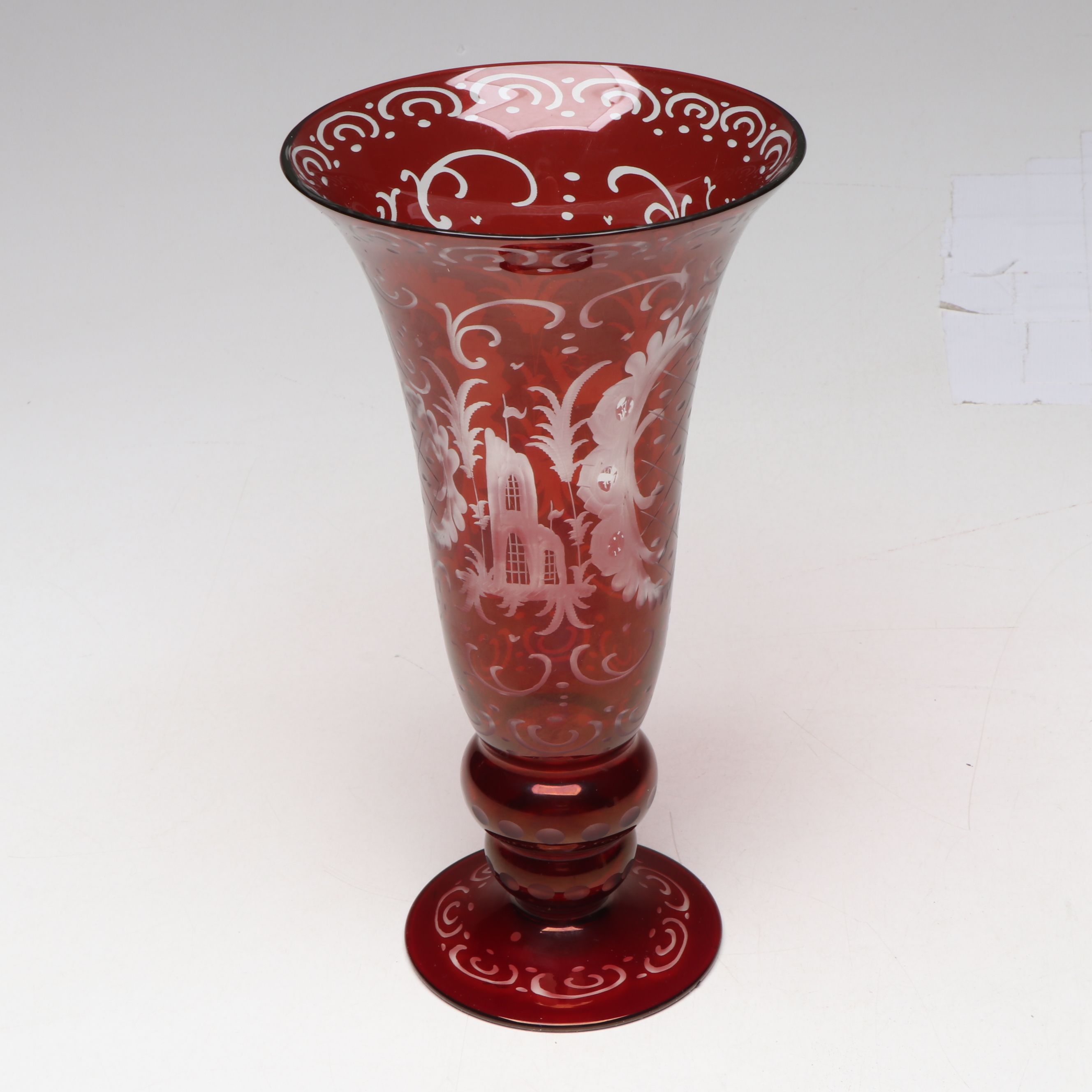 Egermann Style German Cut to Clear Ruby Glass Trumpet Vases