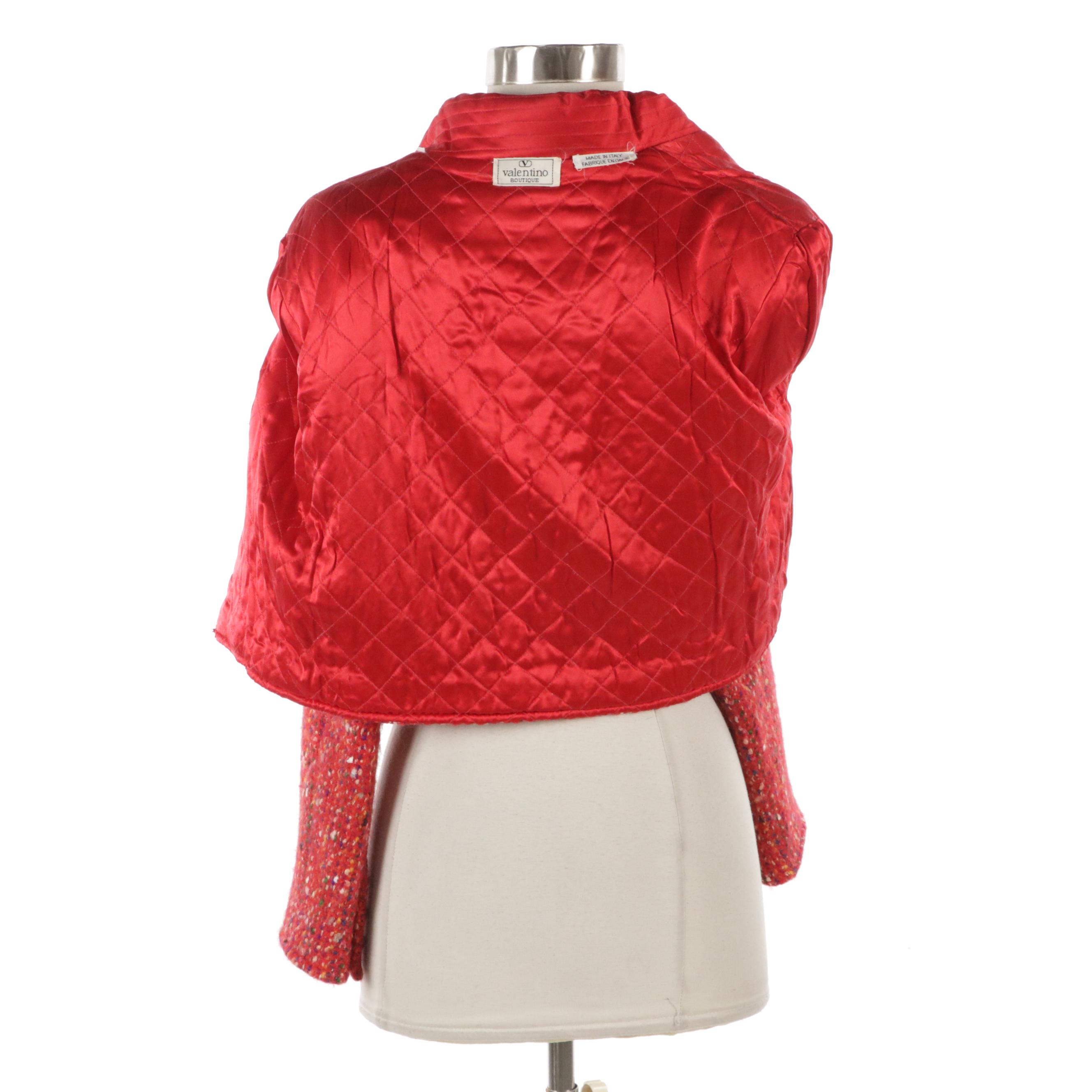 Vintage Valentino Boutique Red Tweed and Quilted Collar Cropped Blazer