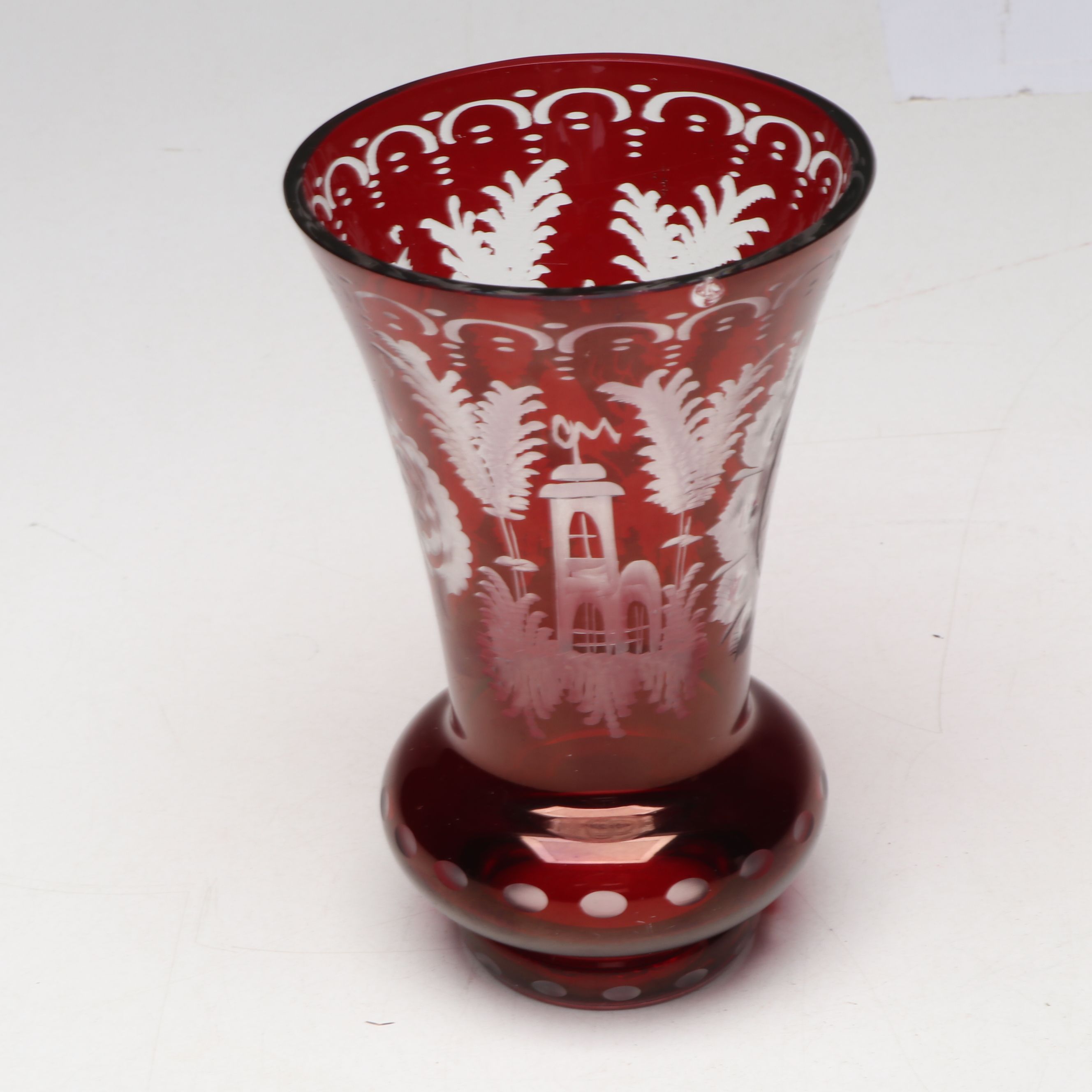 Egermann Style German Cut to Clear Ruby Glass Trumpet Vases