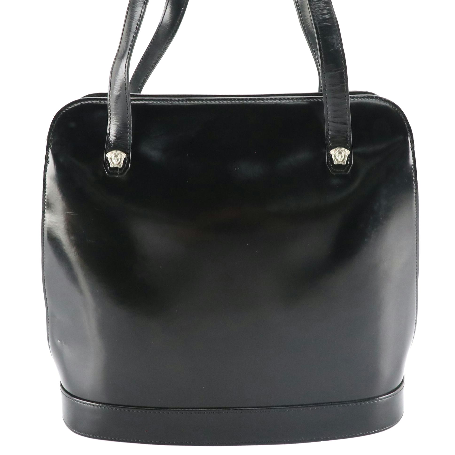 Gianni Versace Black Glazed Leather Shoulder Bag with Medusa Head Hardware