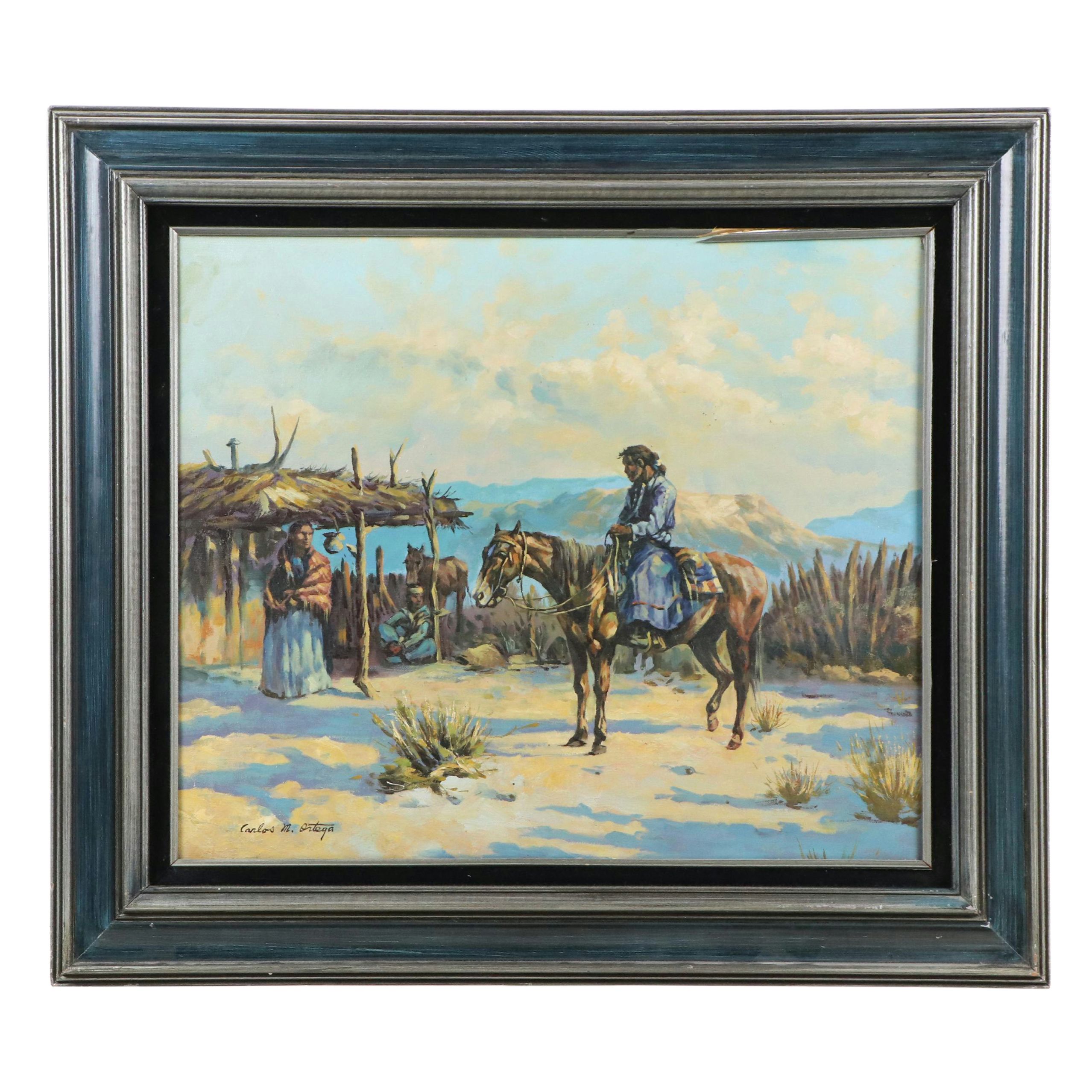 Carlos M. Ortega Oil Painting of Western Scene with Native Americans, 20th C.