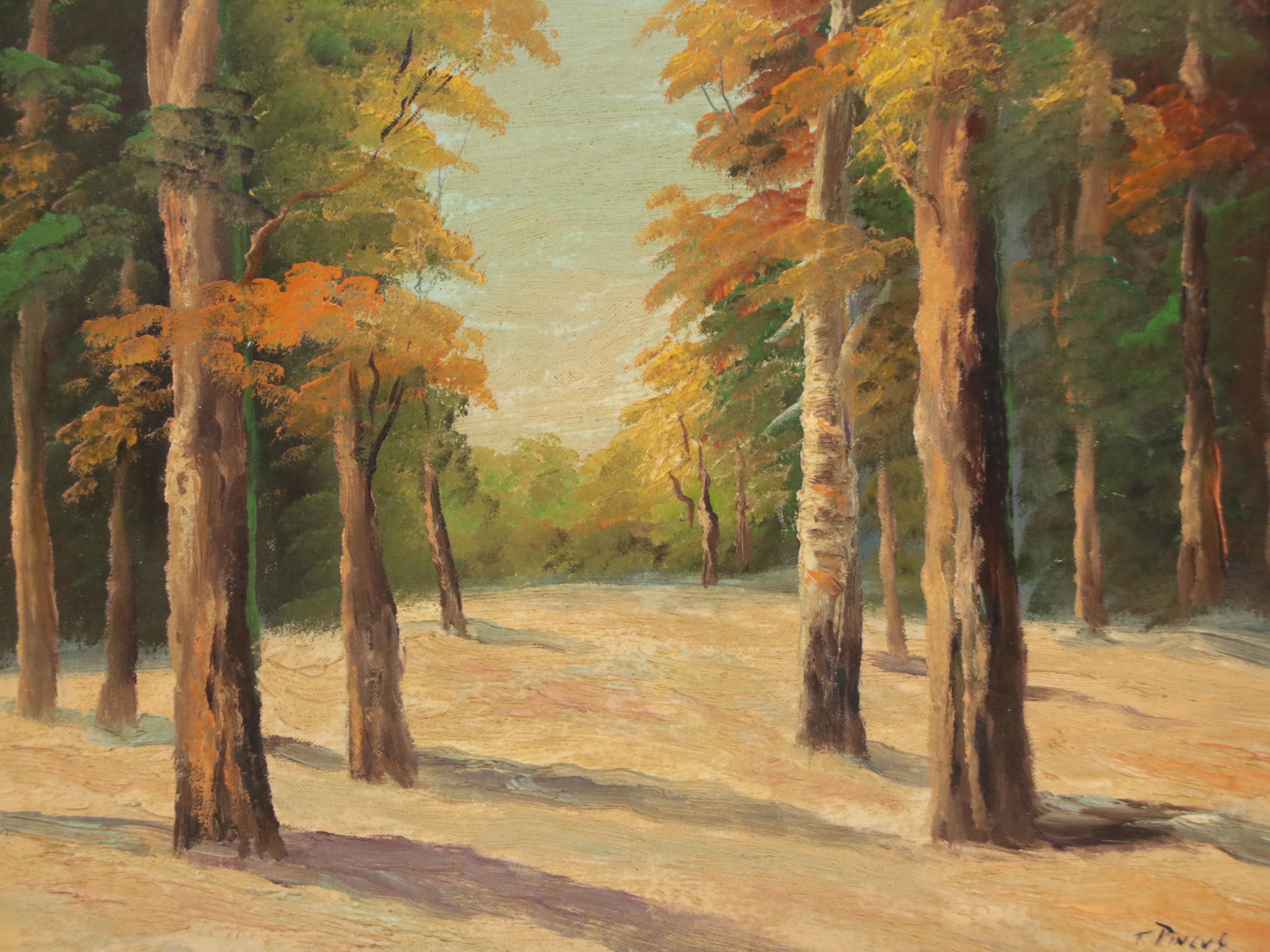 T. Pincus Oil Painting of Woodland Landscape, 20th Century
