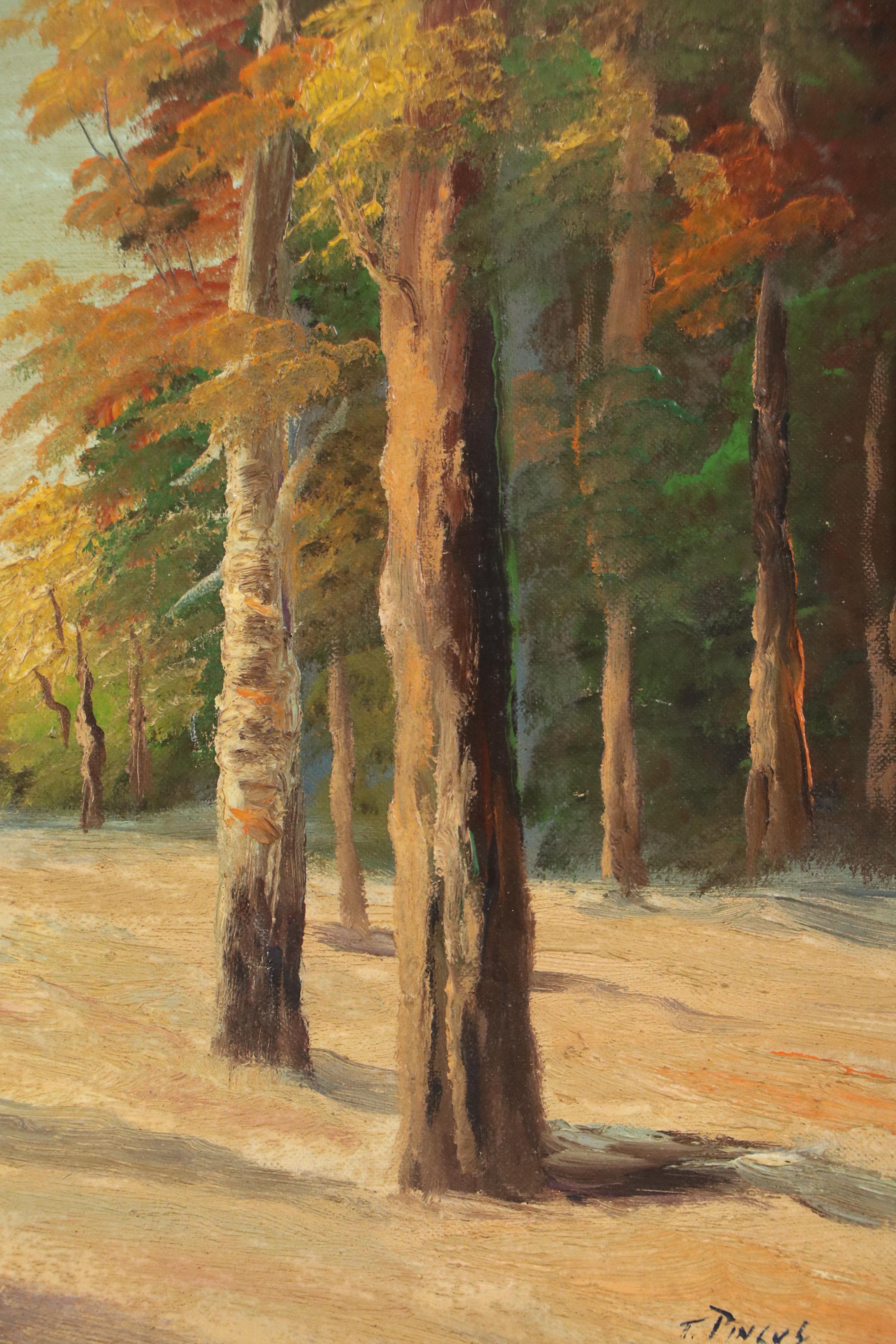 T. Pincus Oil Painting of Woodland Landscape, 20th Century