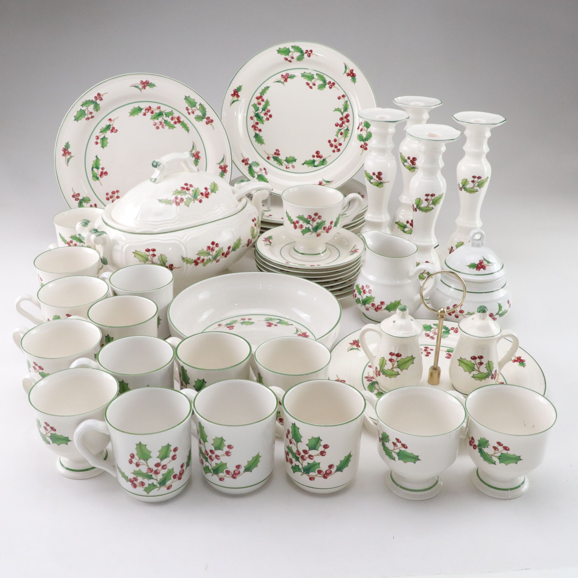Sango "White Christmas" Dinnerware for Eight with Tureen, Candlesticks and More