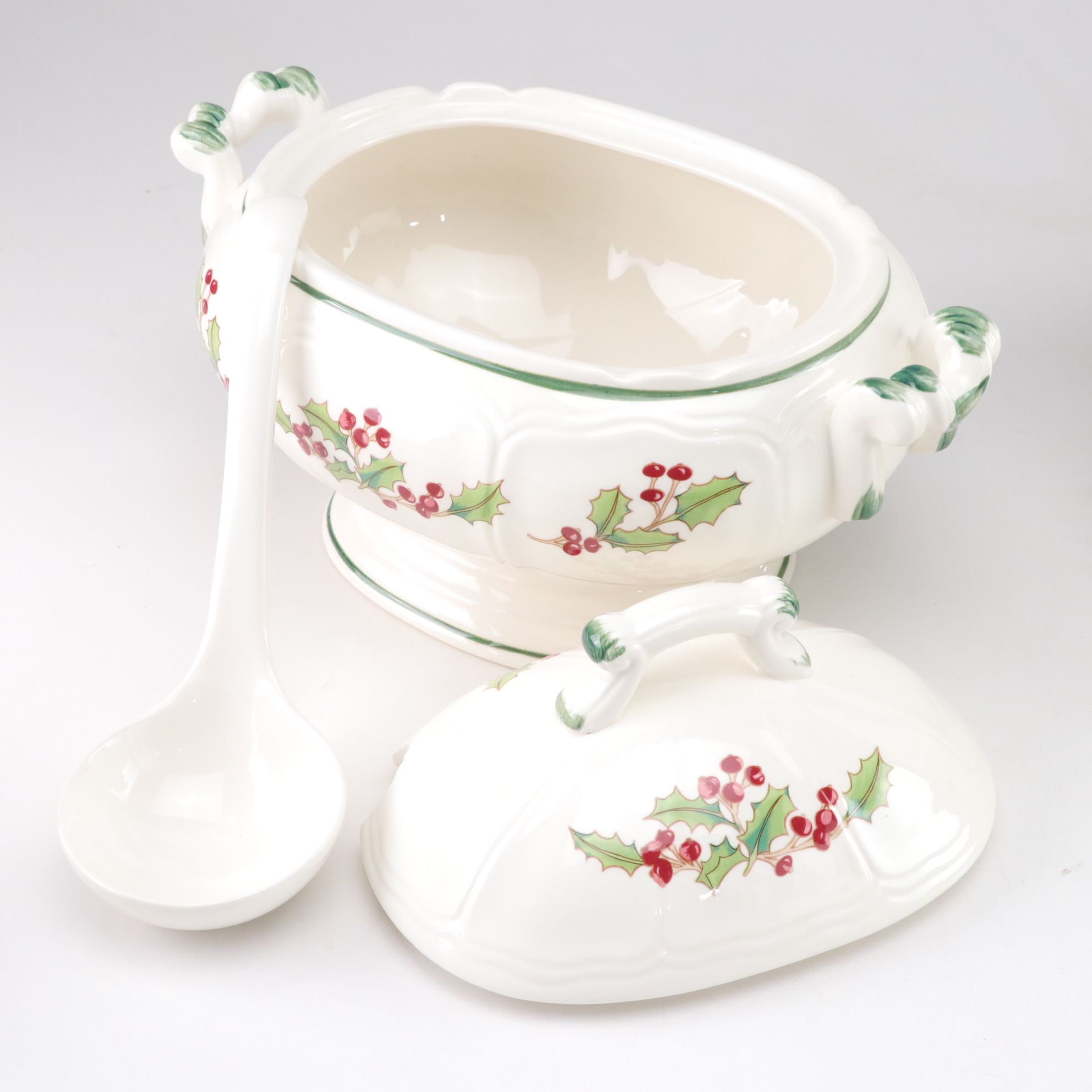 Sango "White Christmas" Dinnerware for Eight with Tureen, Candlesticks and More