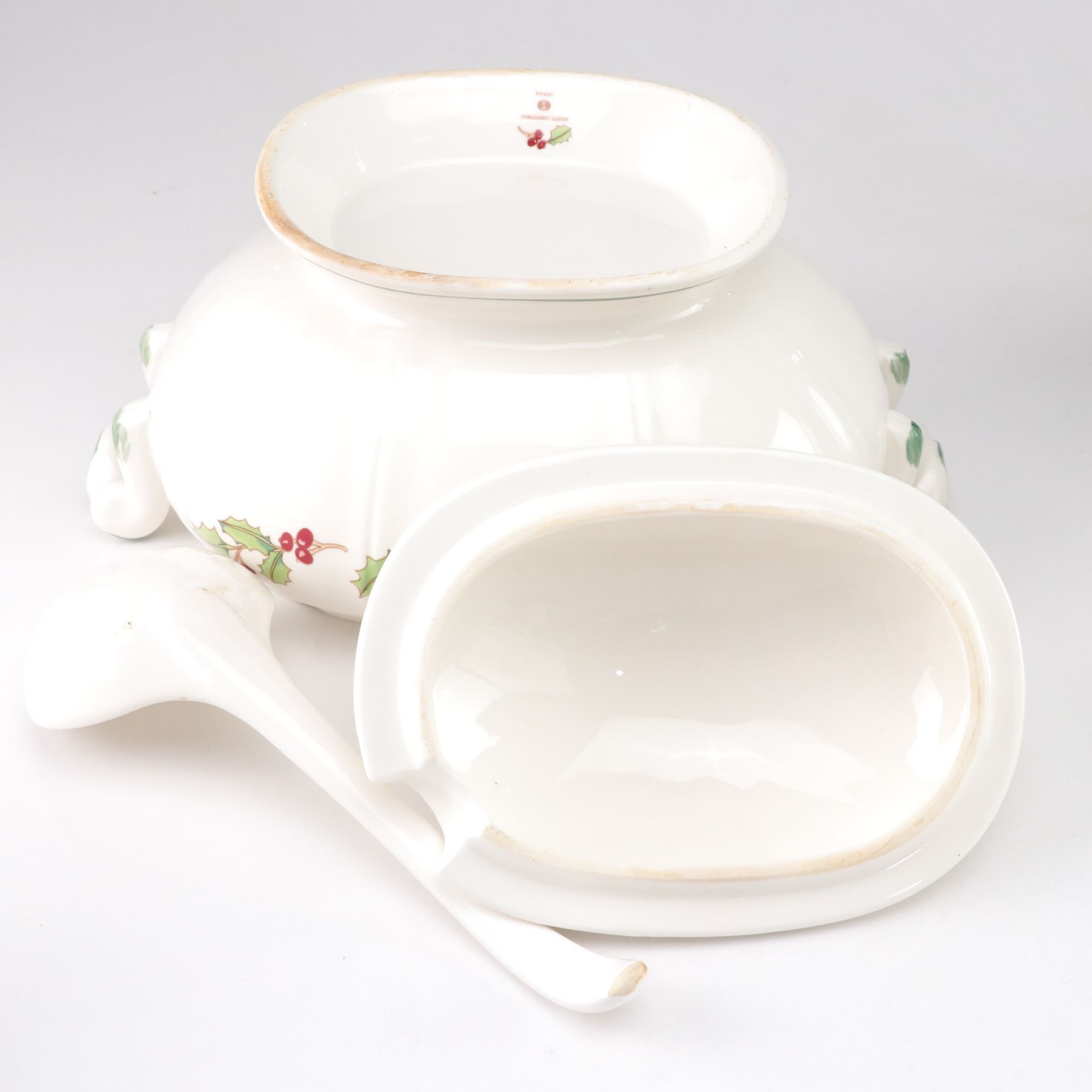 Sango "White Christmas" Dinnerware for Eight with Tureen, Candlesticks and More