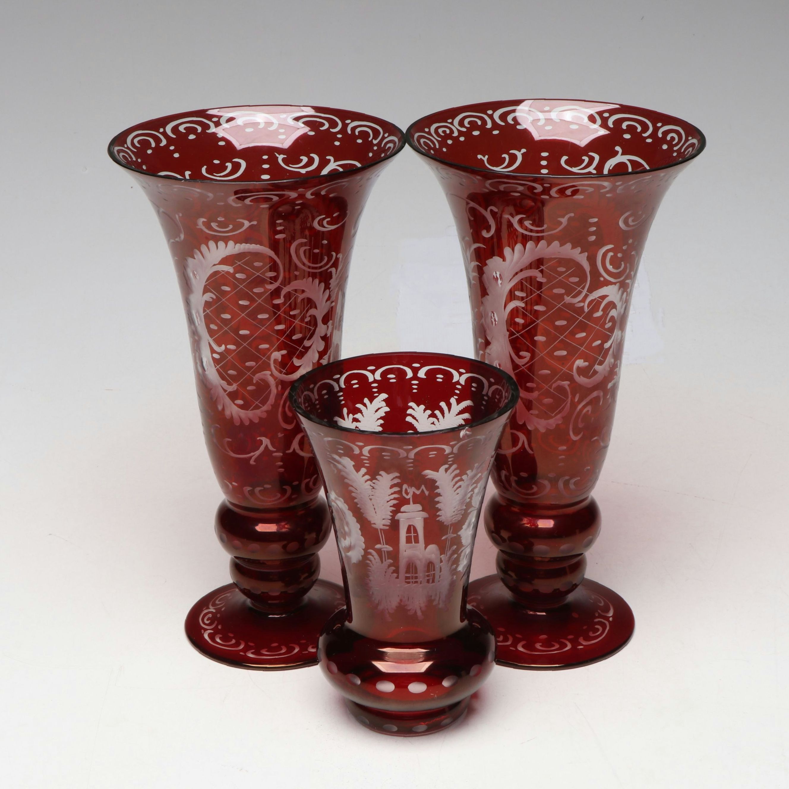 Egermann Style German Cut to Clear Ruby Glass Trumpet Vases