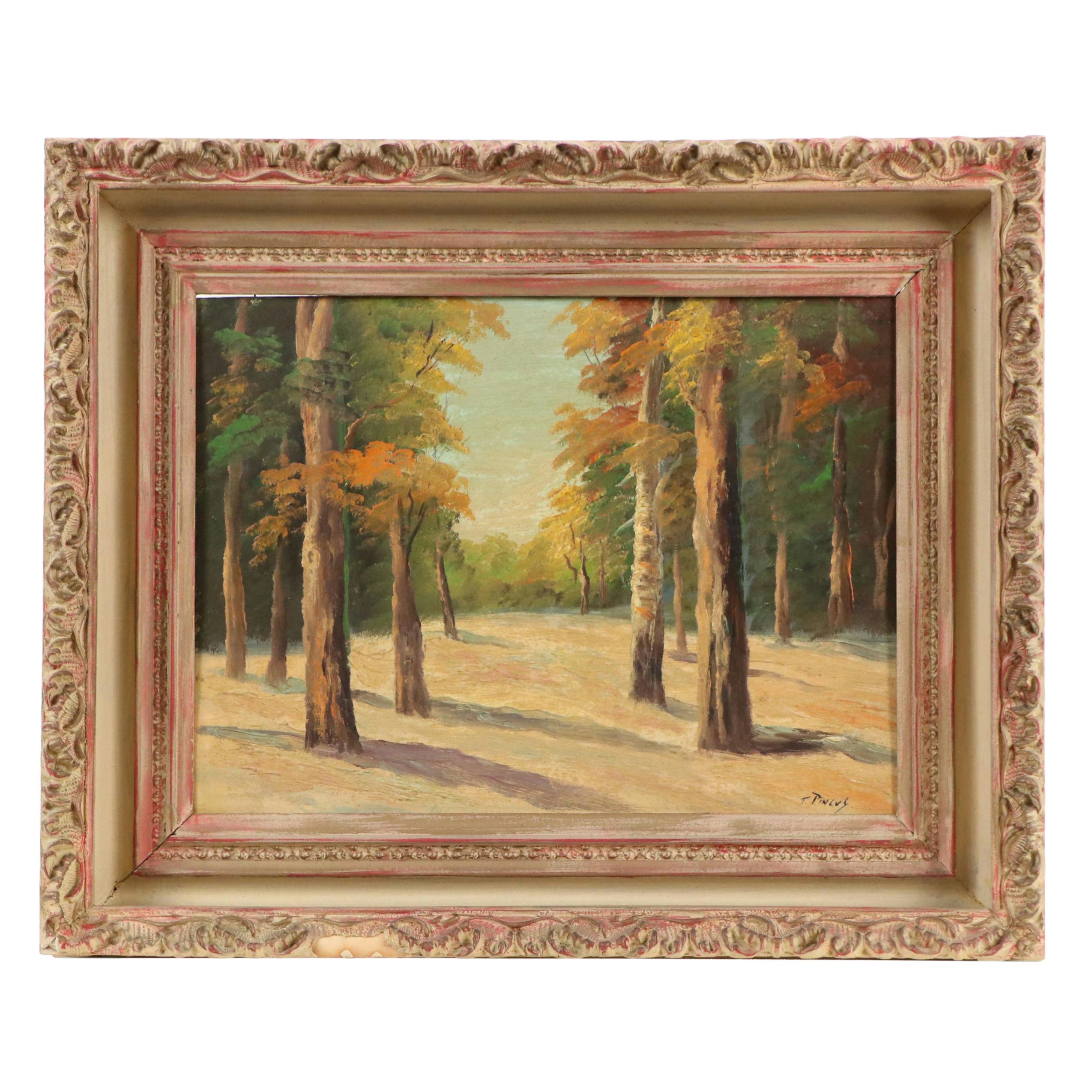 T. Pincus Oil Painting of Woodland Landscape, 20th Century
