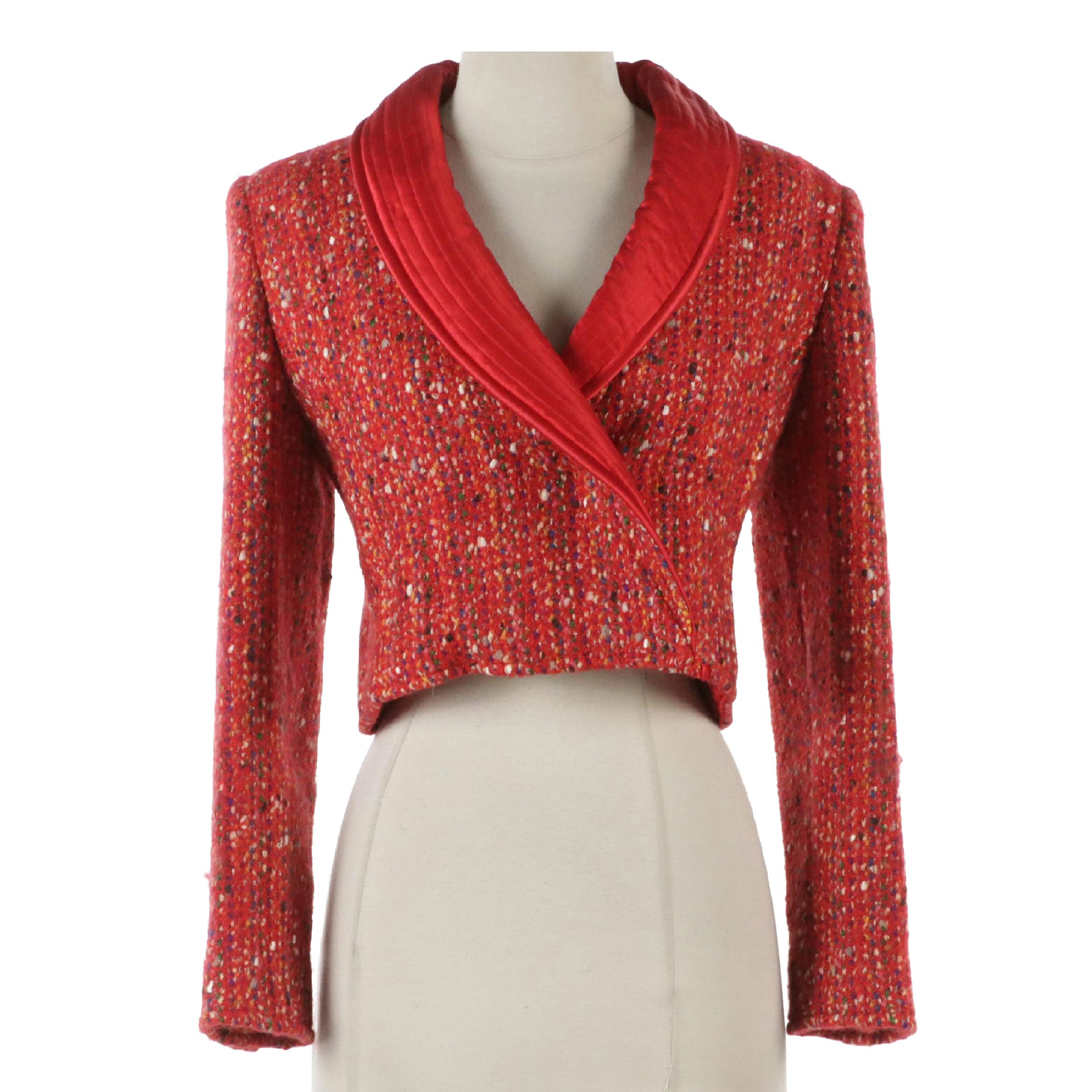Vintage Valentino Boutique Red Tweed and Quilted Collar Cropped Blazer