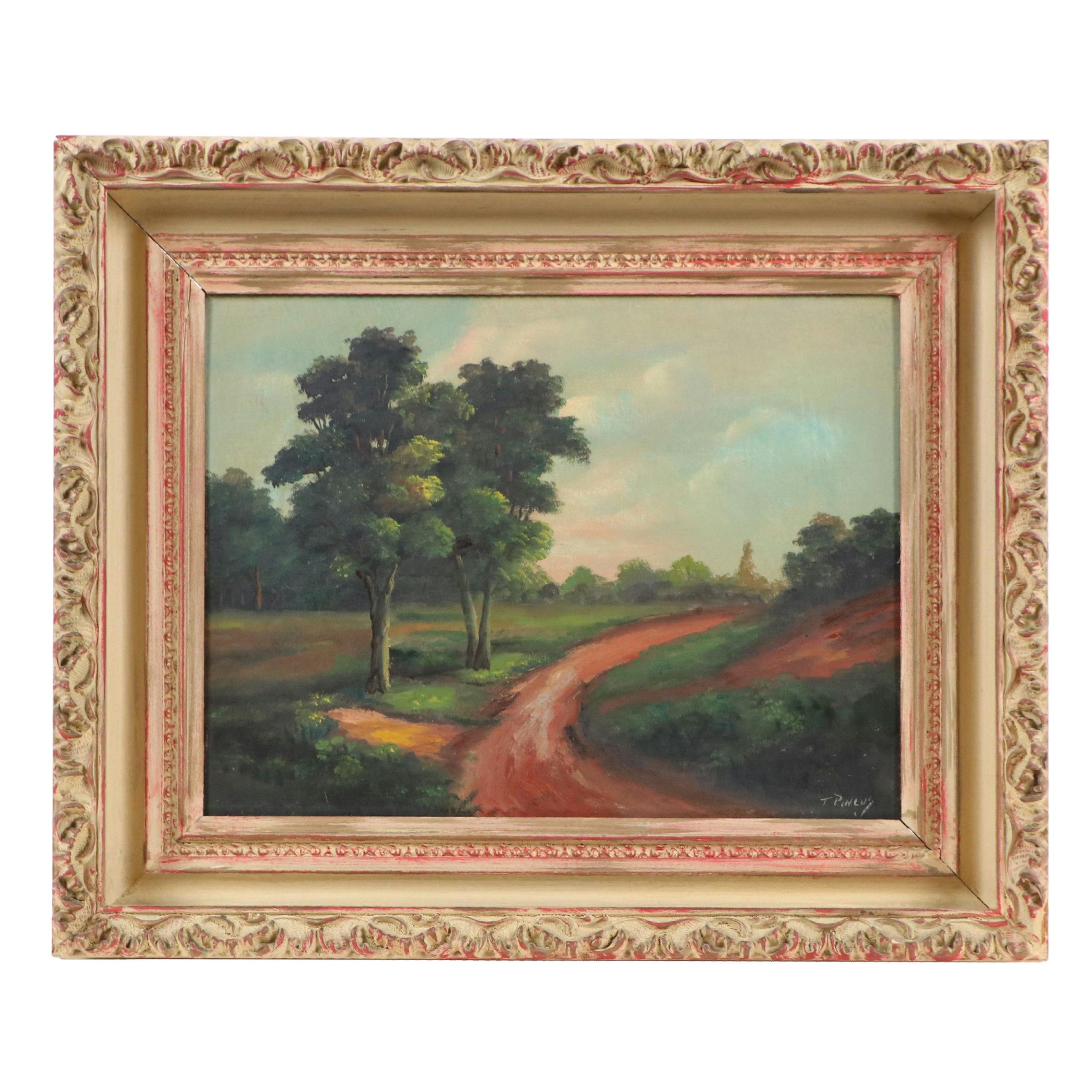 T. Pincus Landscape Oil Painting of Rural Road, 20th Century