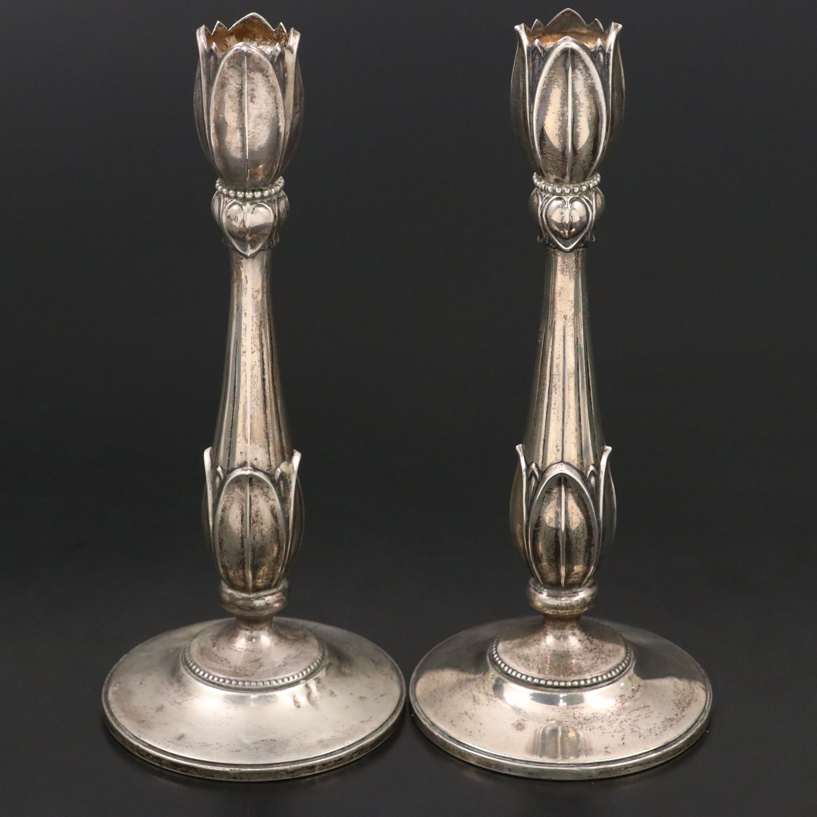 Pair of Fisher Tulip Form Weighted Sterling Silver Candlesticks