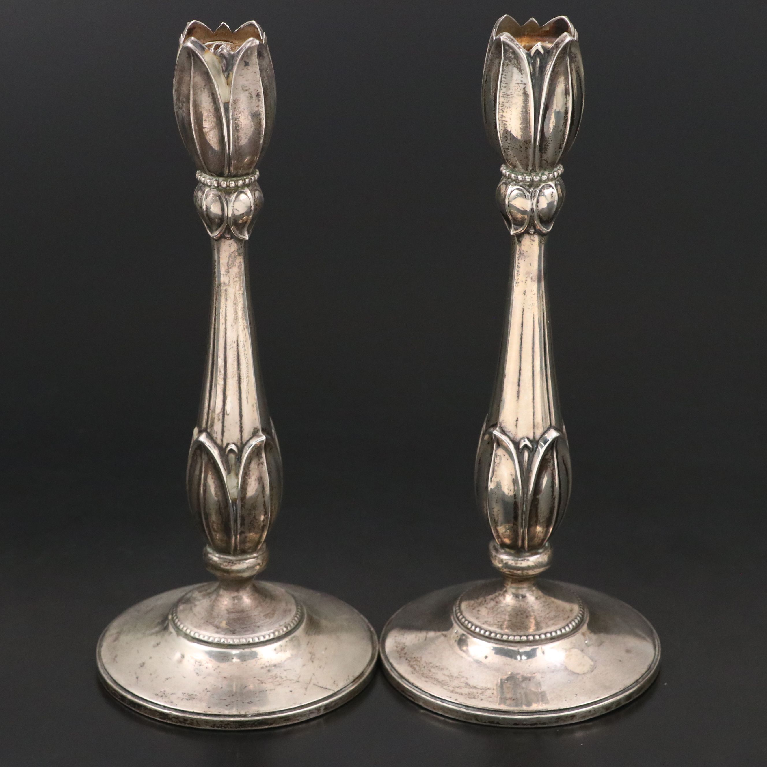 Pair of Fisher Tulip Form Weighted Sterling Silver Candlesticks