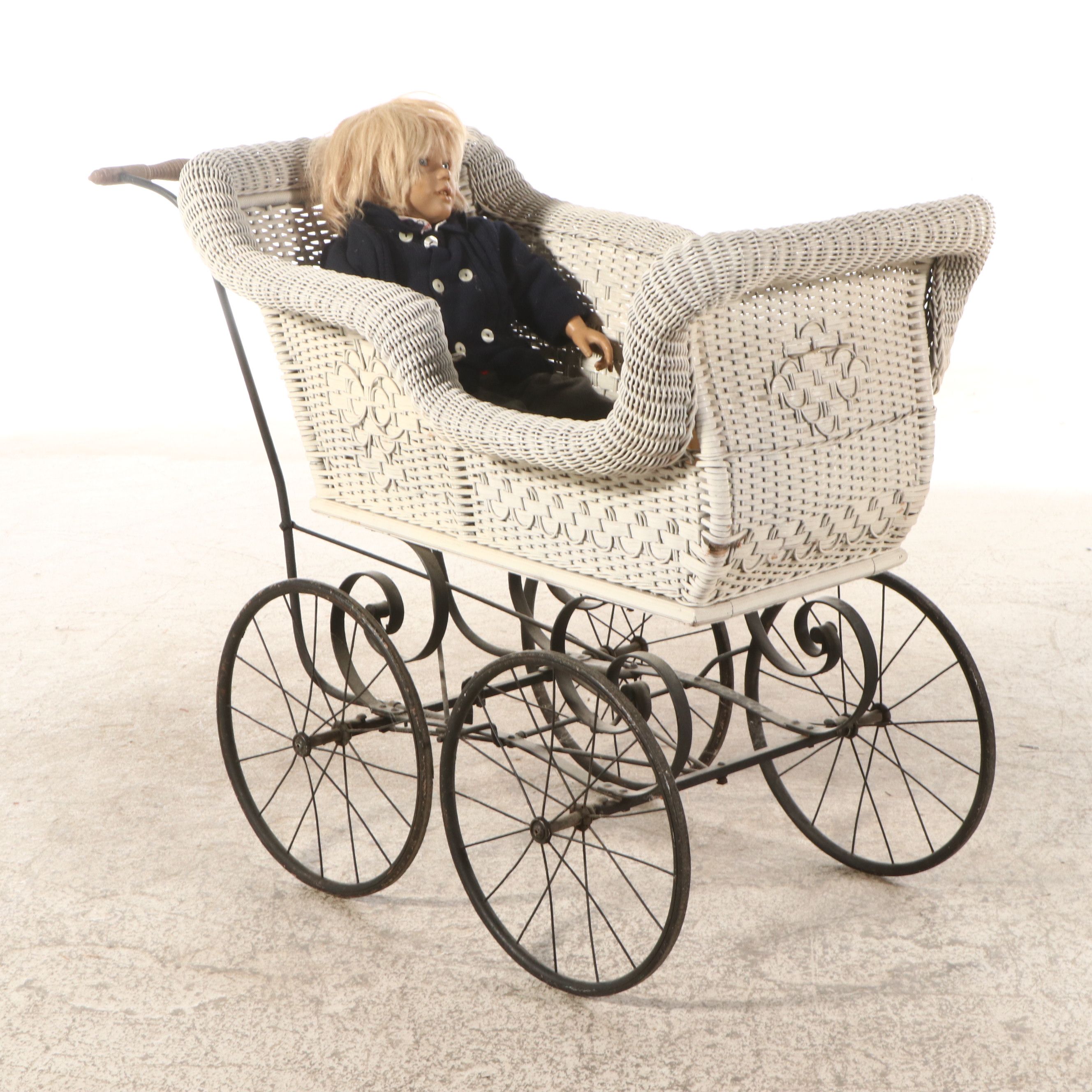 Painted Wicker Baby Carriage with Doll, 1920s