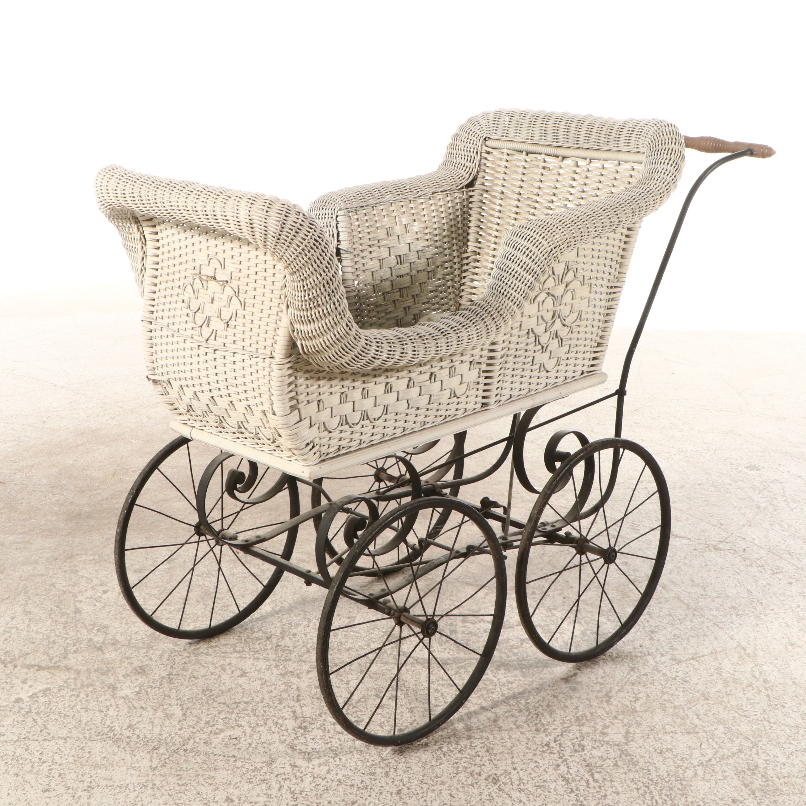 Painted Wicker Baby Carriage with Doll, 1920s