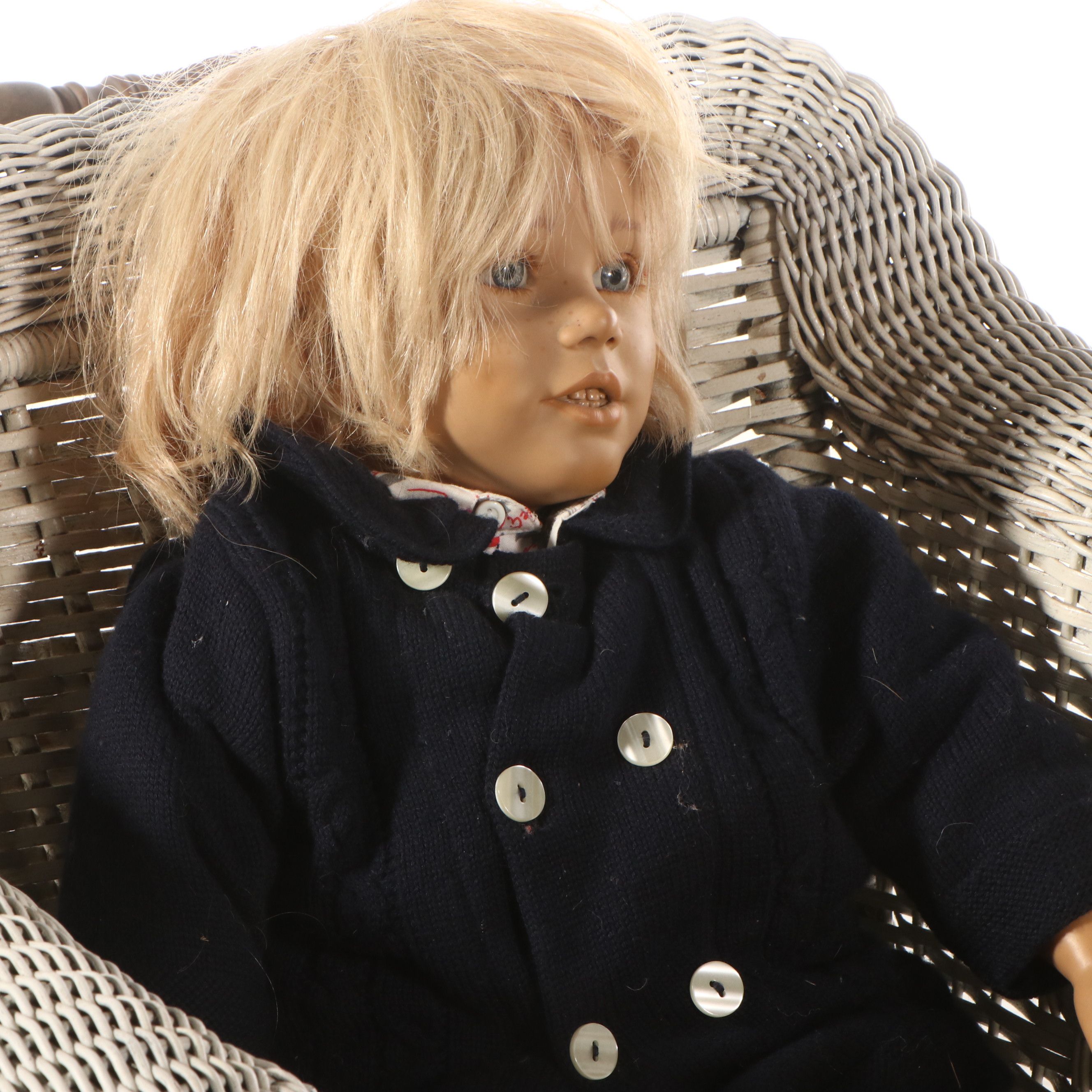 Painted Wicker Baby Carriage with Doll, 1920s