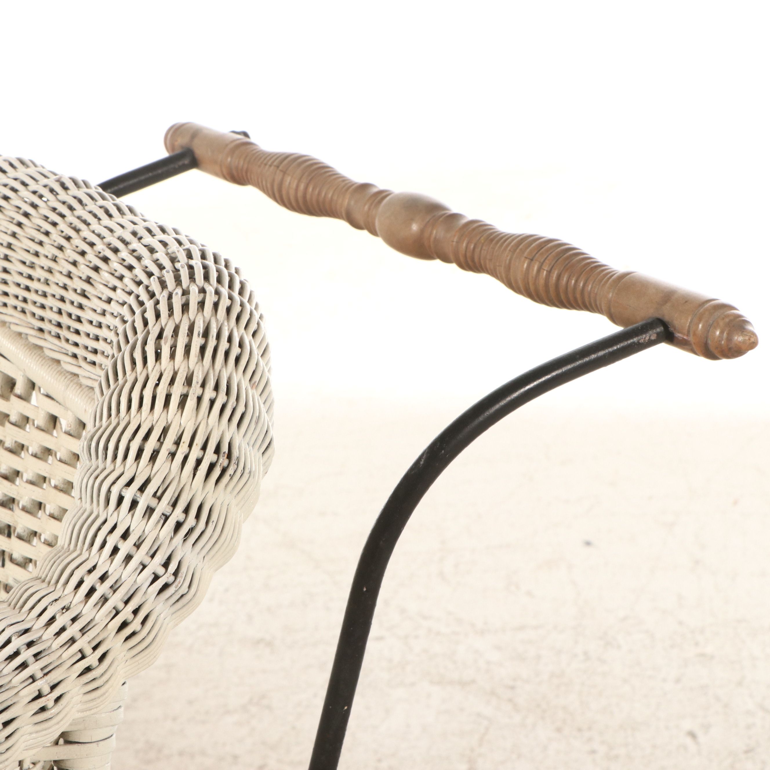 Painted Wicker Baby Carriage with Doll, 1920s