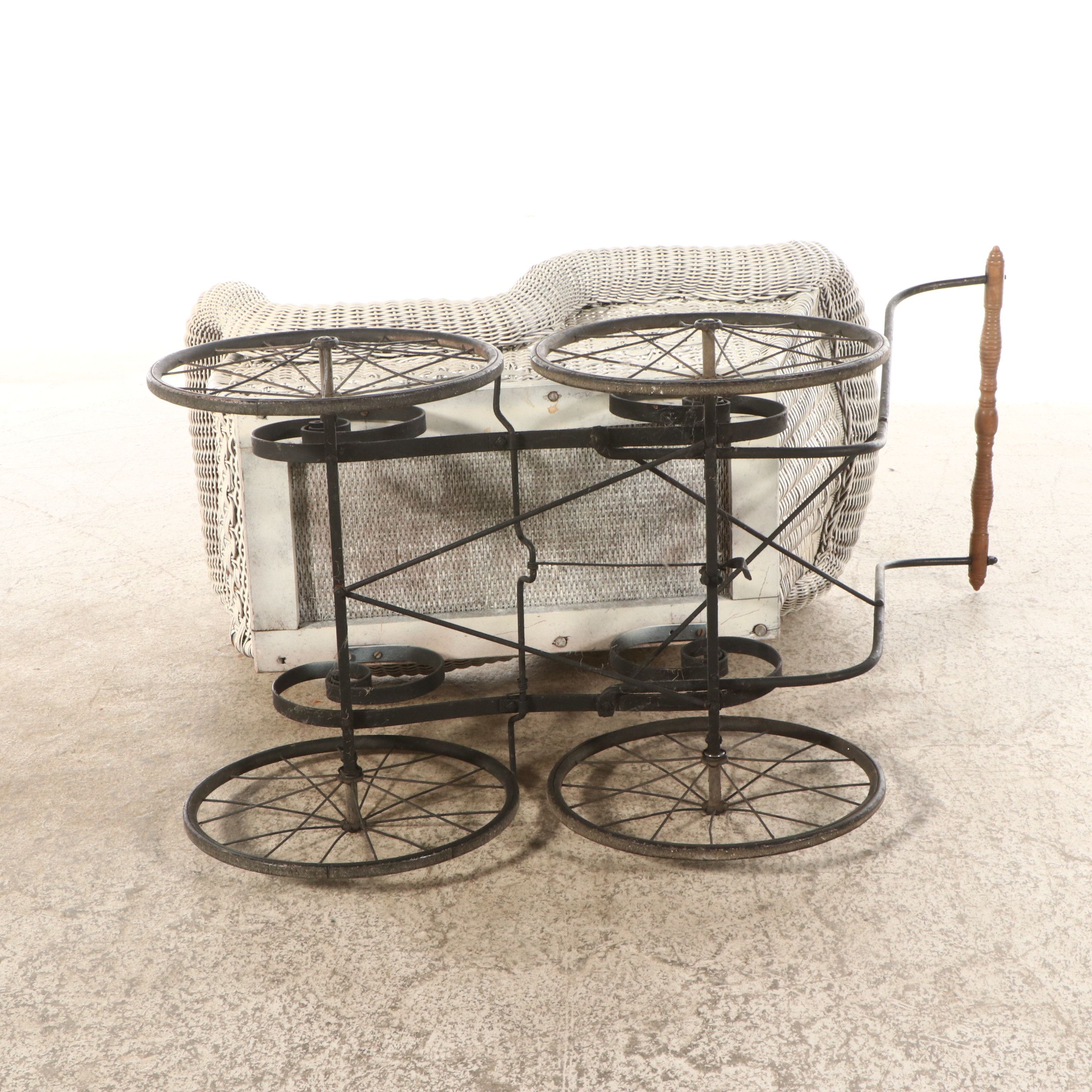 Painted Wicker Baby Carriage with Doll, 1920s