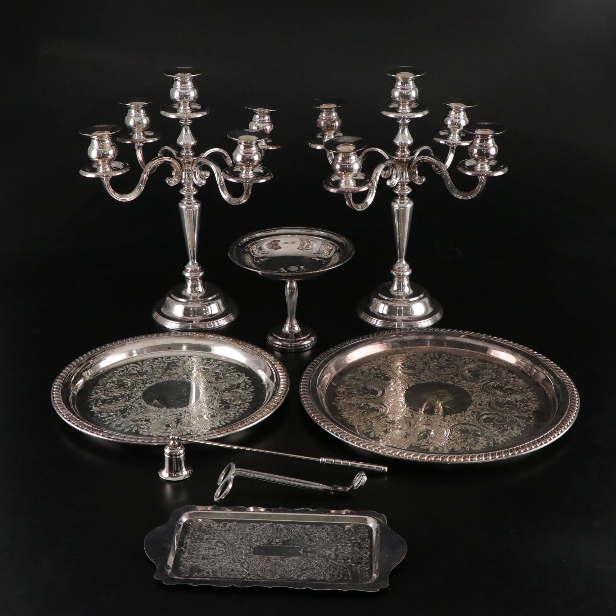 Silver Plate Serving Trays and Candleabra