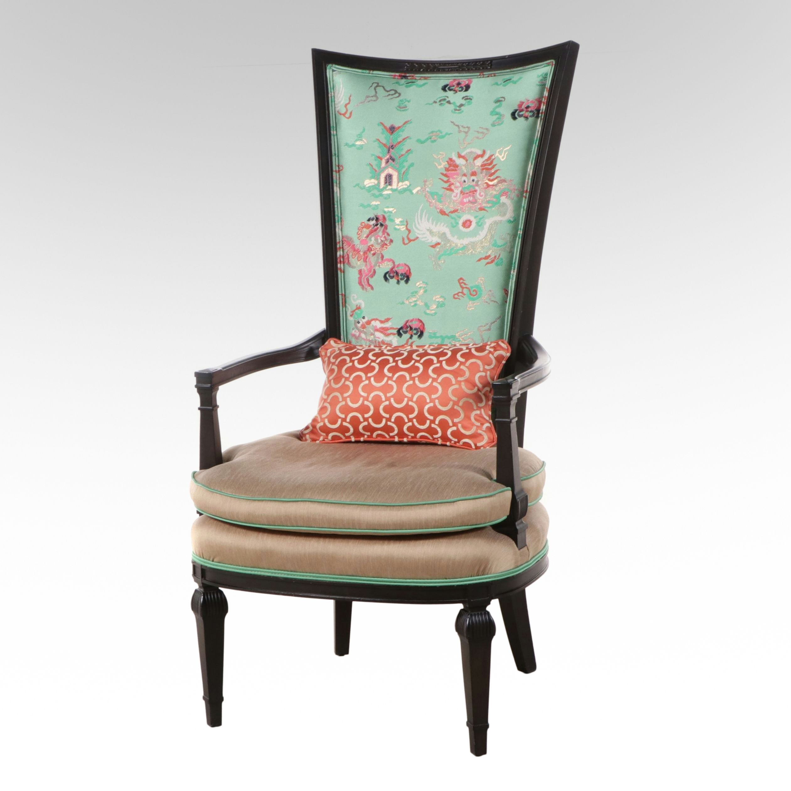 Louis XVI Style Mixed Upholstered Black Lacquered Wood High-Back Armchair