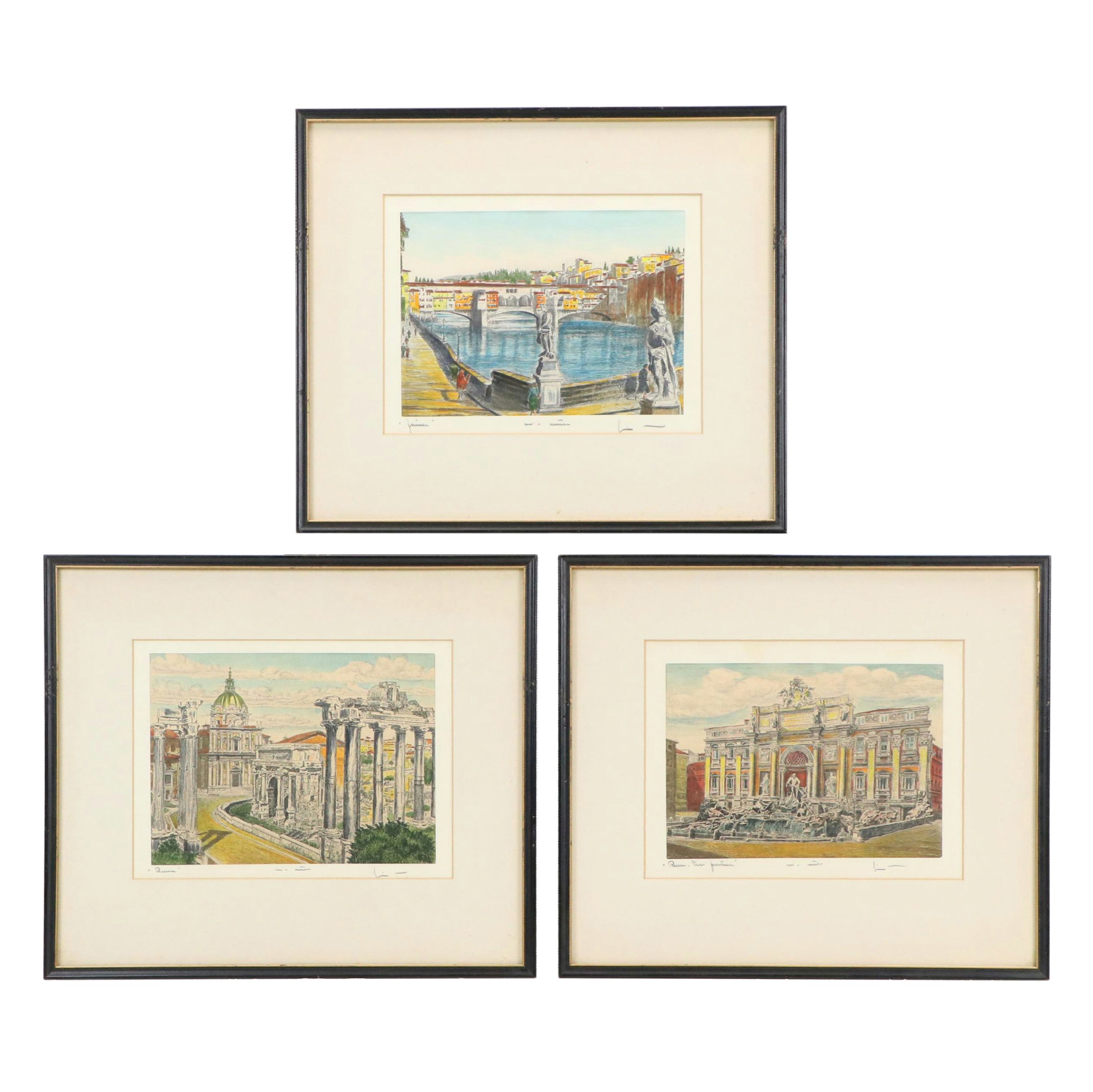 Hand-Colored Etchings of Florence and Rome After Bela Sziklay, 20th Century