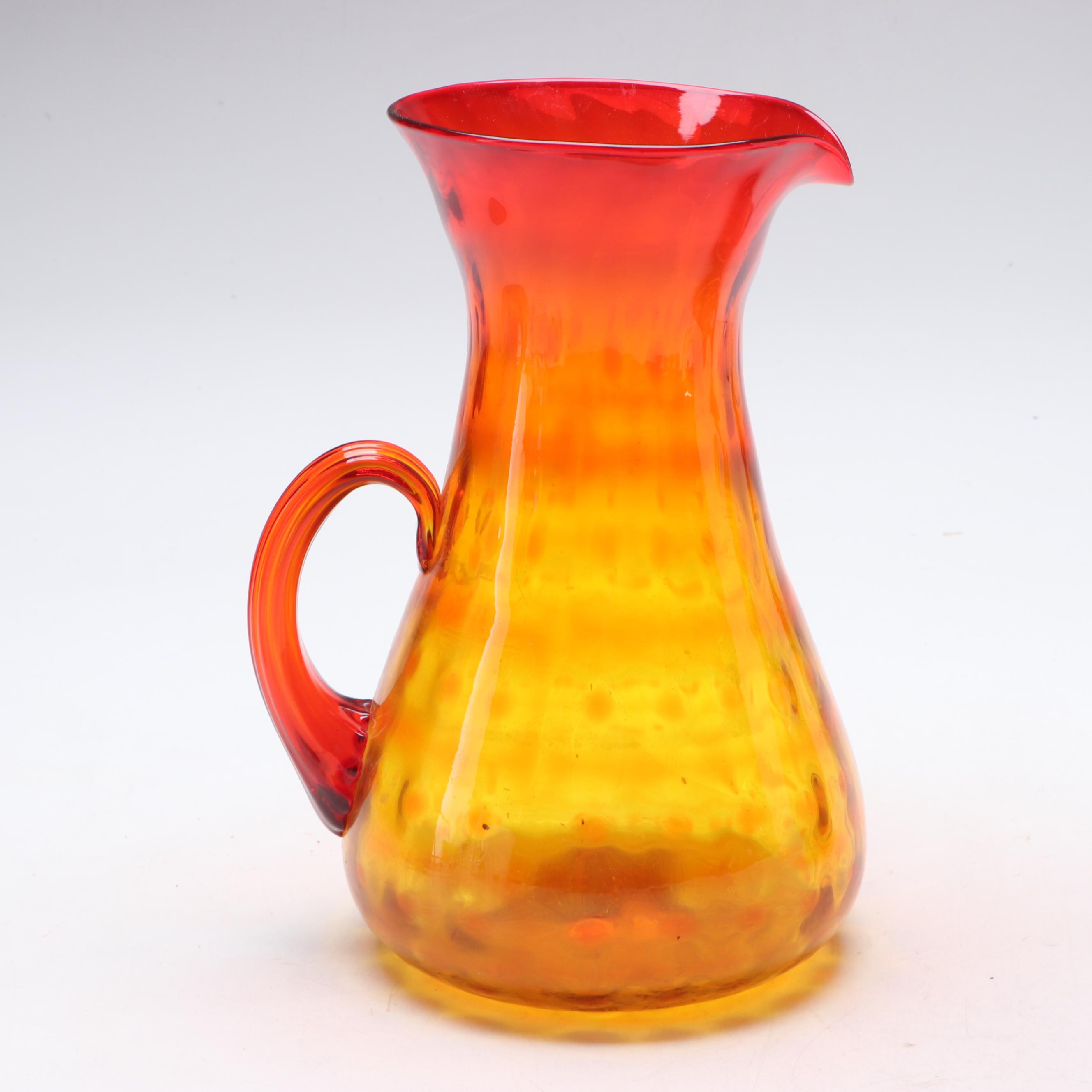 Mid Century Modern Style Amberina Glass Pitcher with Hand-Painted Glass Decanter