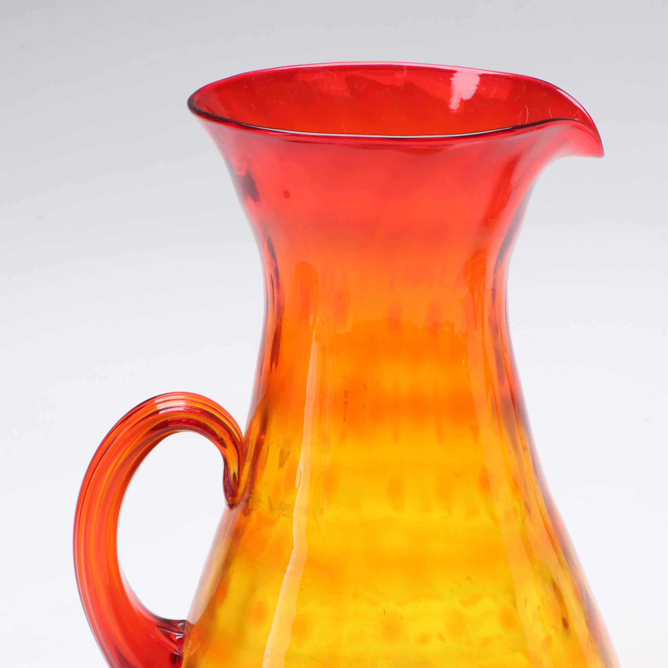 Mid Century Modern Style Amberina Glass Pitcher with Hand-Painted Glass Decanter