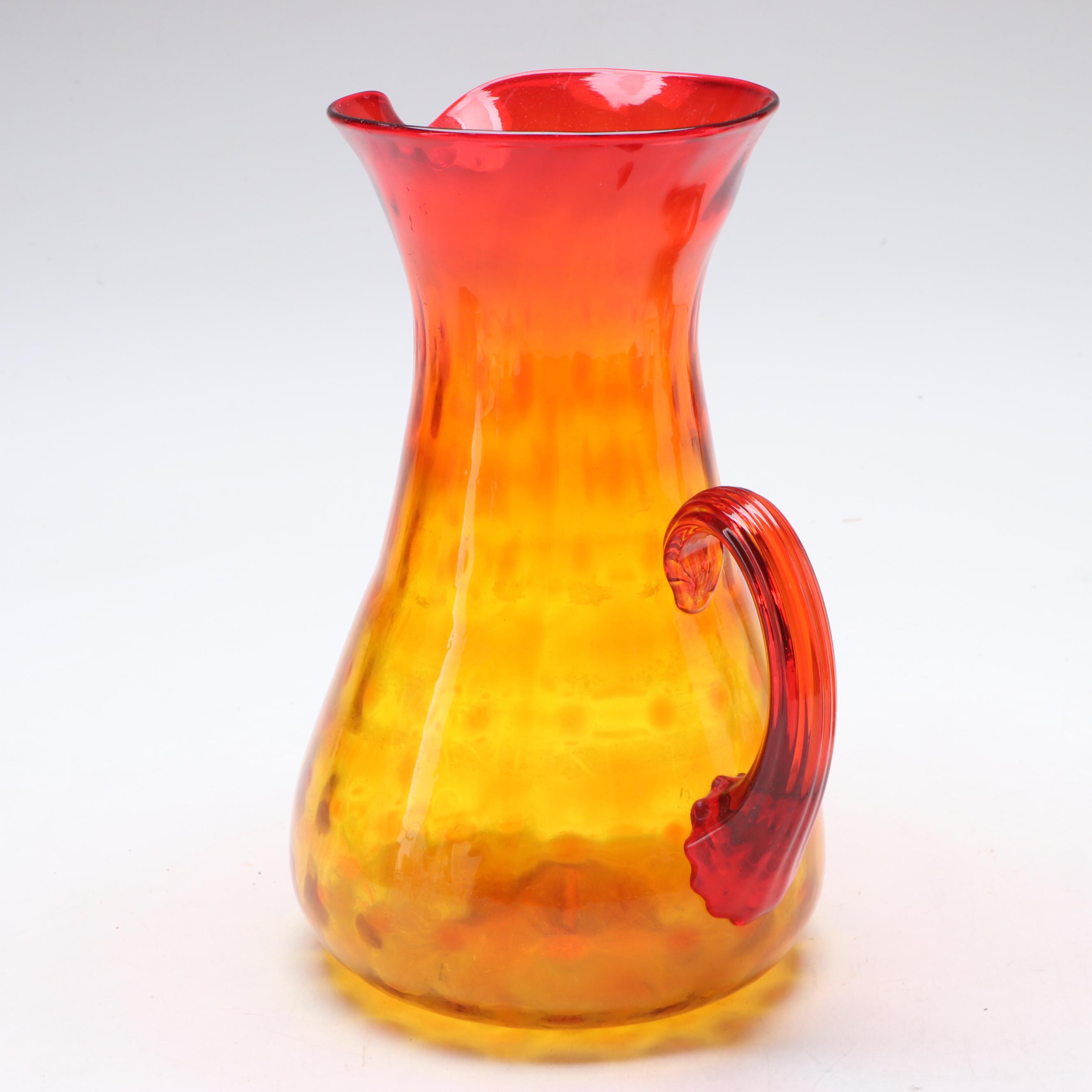 Mid Century Modern Style Amberina Glass Pitcher with Hand-Painted Glass Decanter