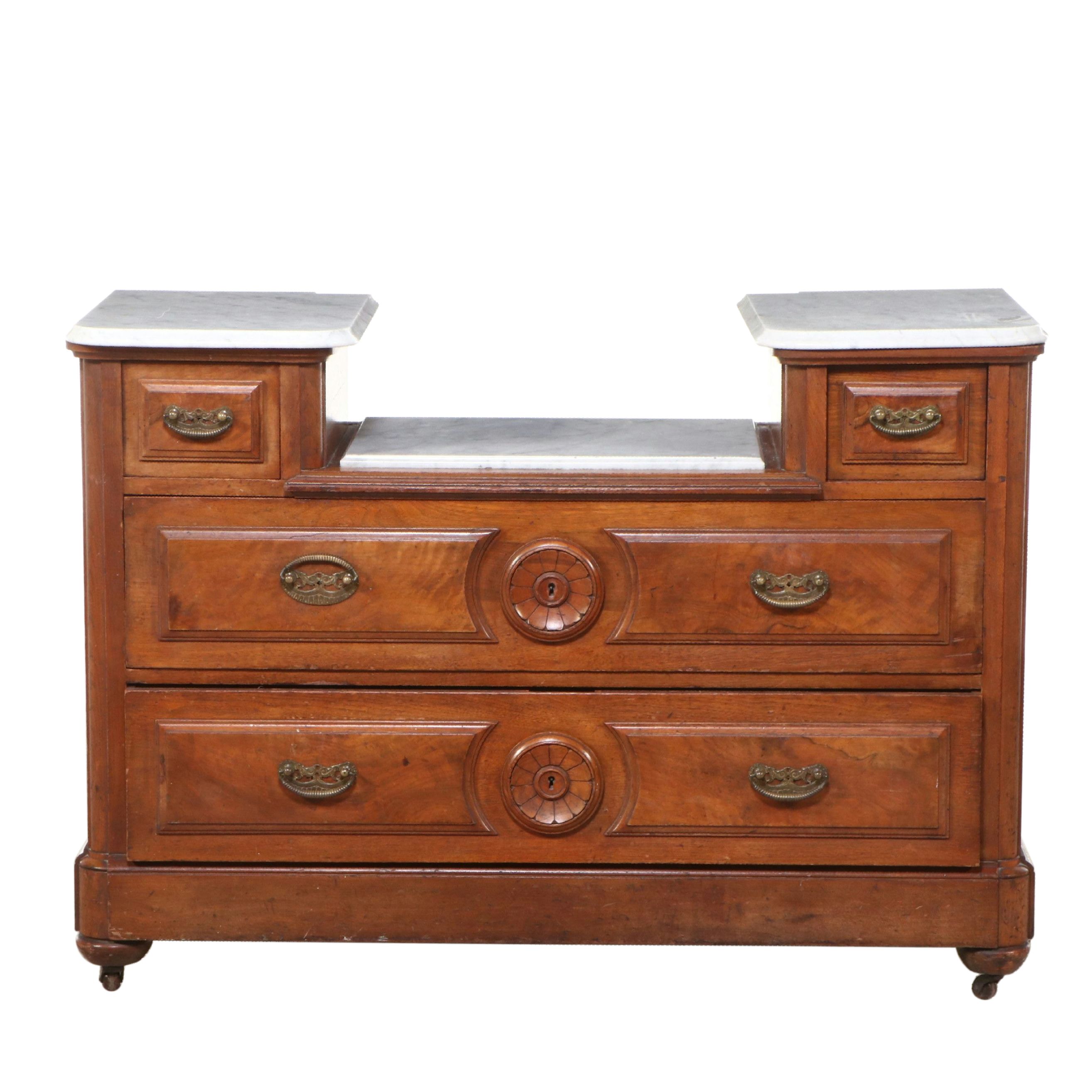 Victorian Marble Top Mahogany and Burl Wood Dresser with Mirror