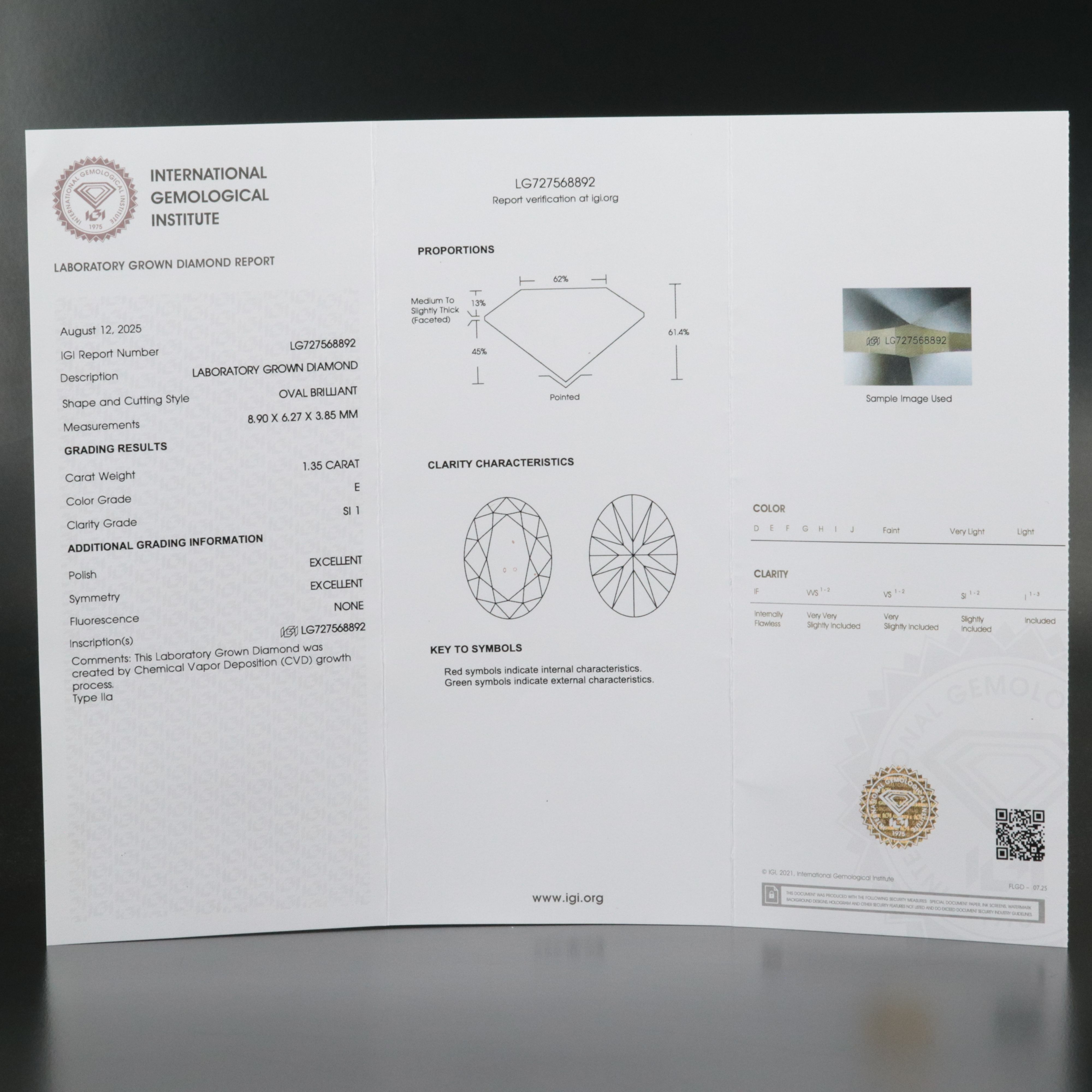 Loose 1.35 CT Lab Grown Diamond with IGI Report