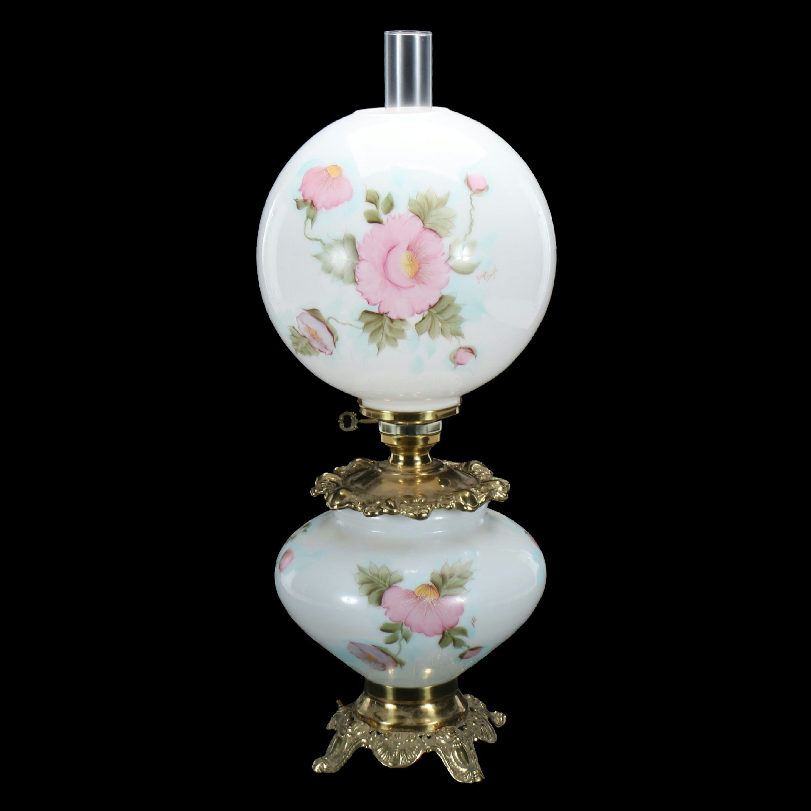 Victorian Style Floral Milk Glass and Brass Parlor Lamp