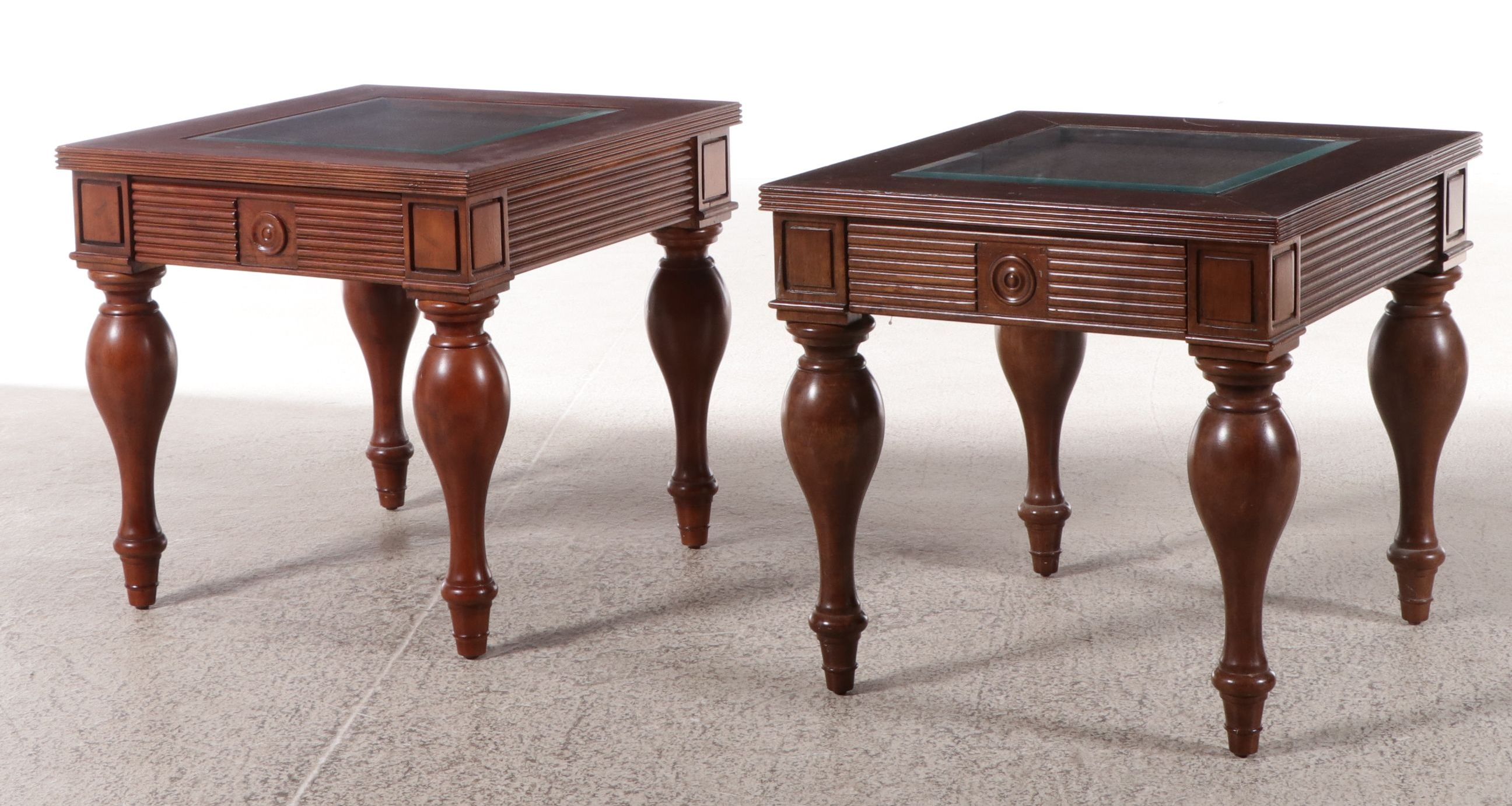 Pair of Klaussner Furniture "Jameson River" End Tables with Inset Glass Tops