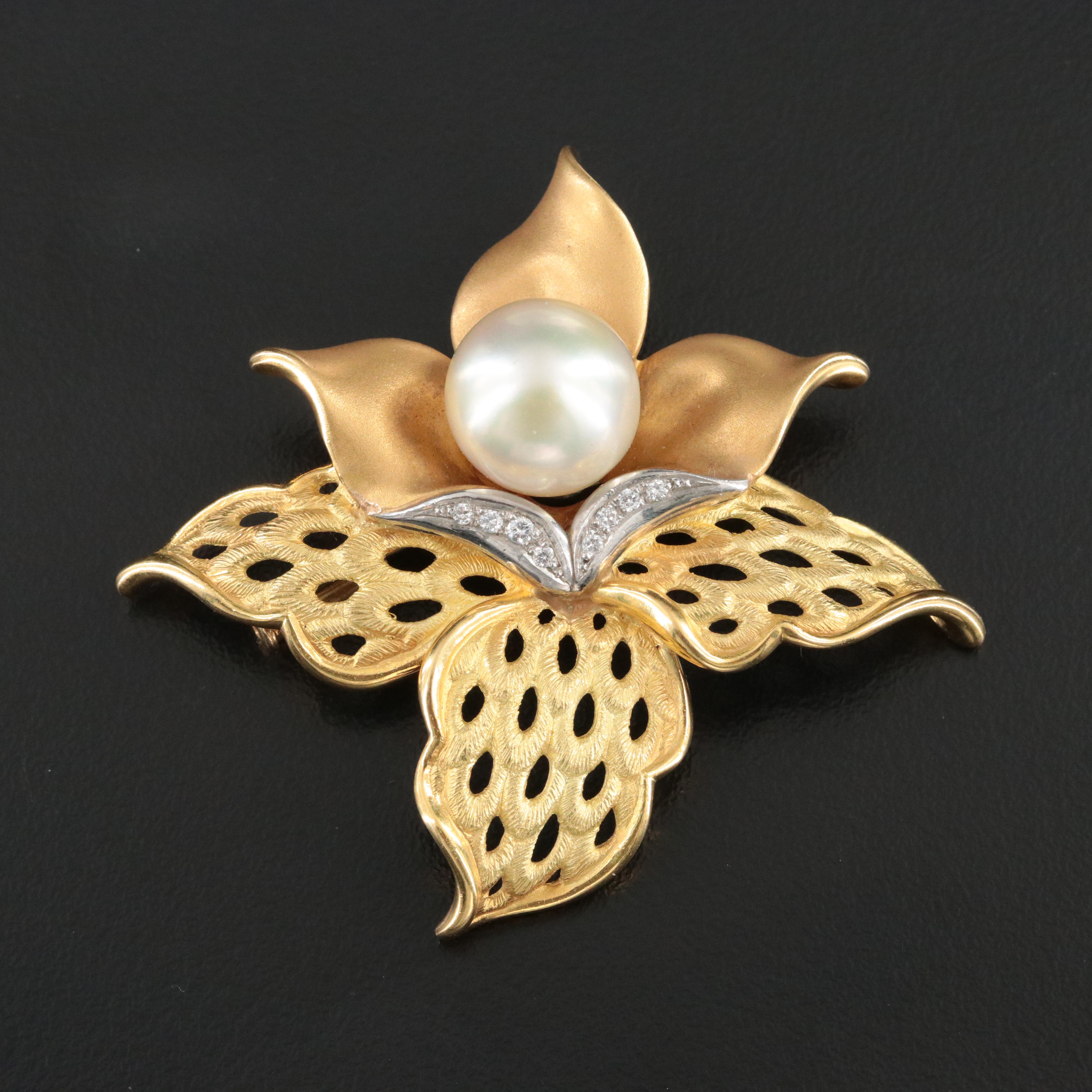 18K Pearl and Diamond Orchid Converter Brooch with Platinum Detail