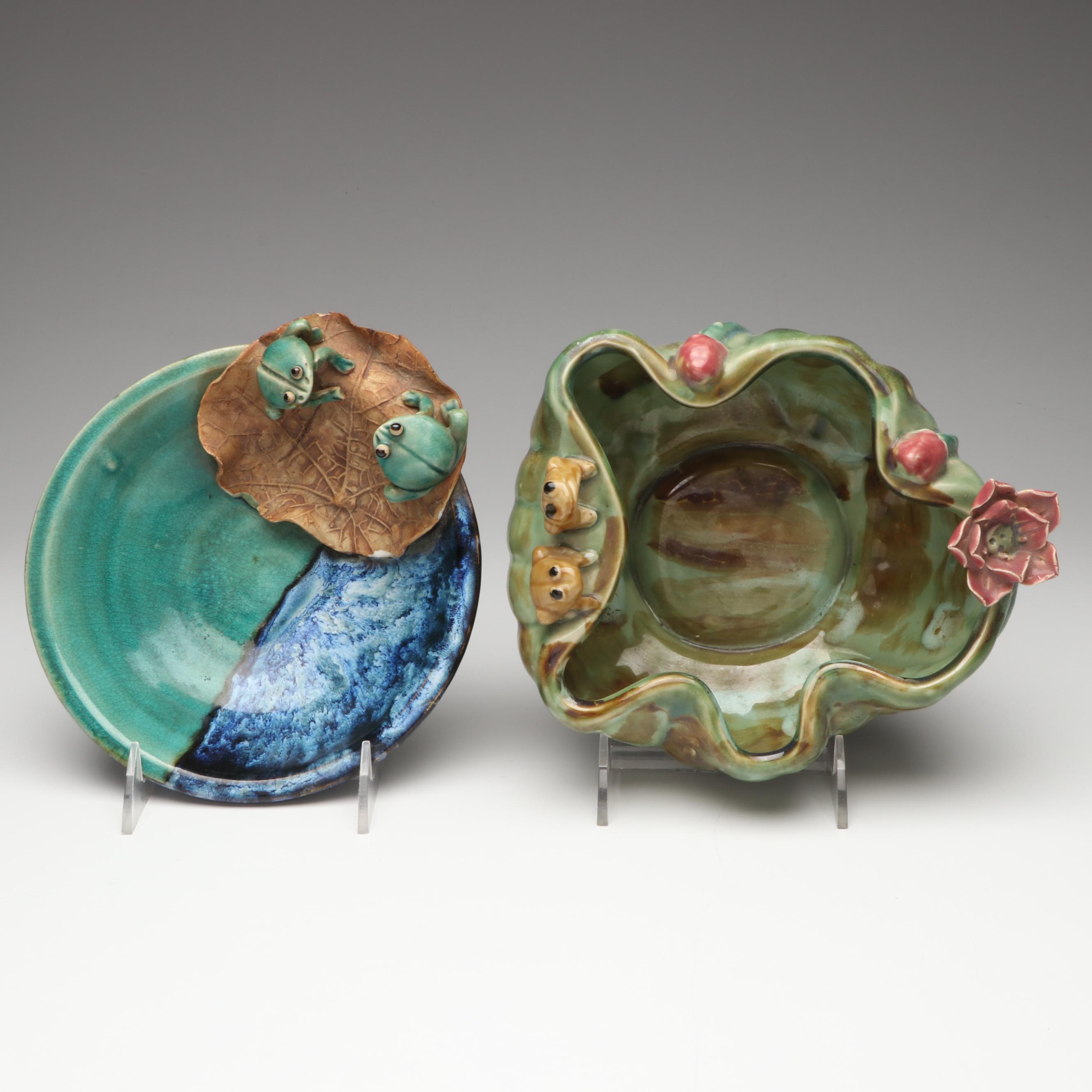 Frog and Lily Pad Art Pottery Stoneware Bowls
